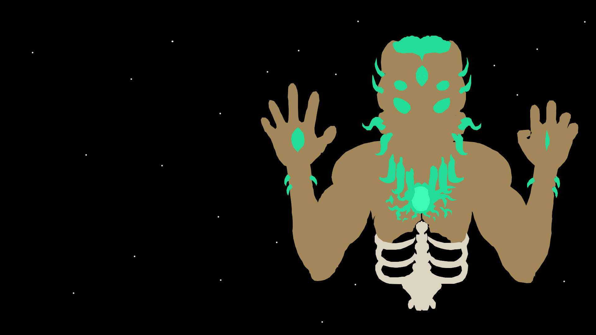Terraria Moon Lord 桌布 壁紙 — 一個風格化的人形人物，帶有發光的綠色標記和暴露的肋骨，漂浮在繁星點點的黑色虛空中。