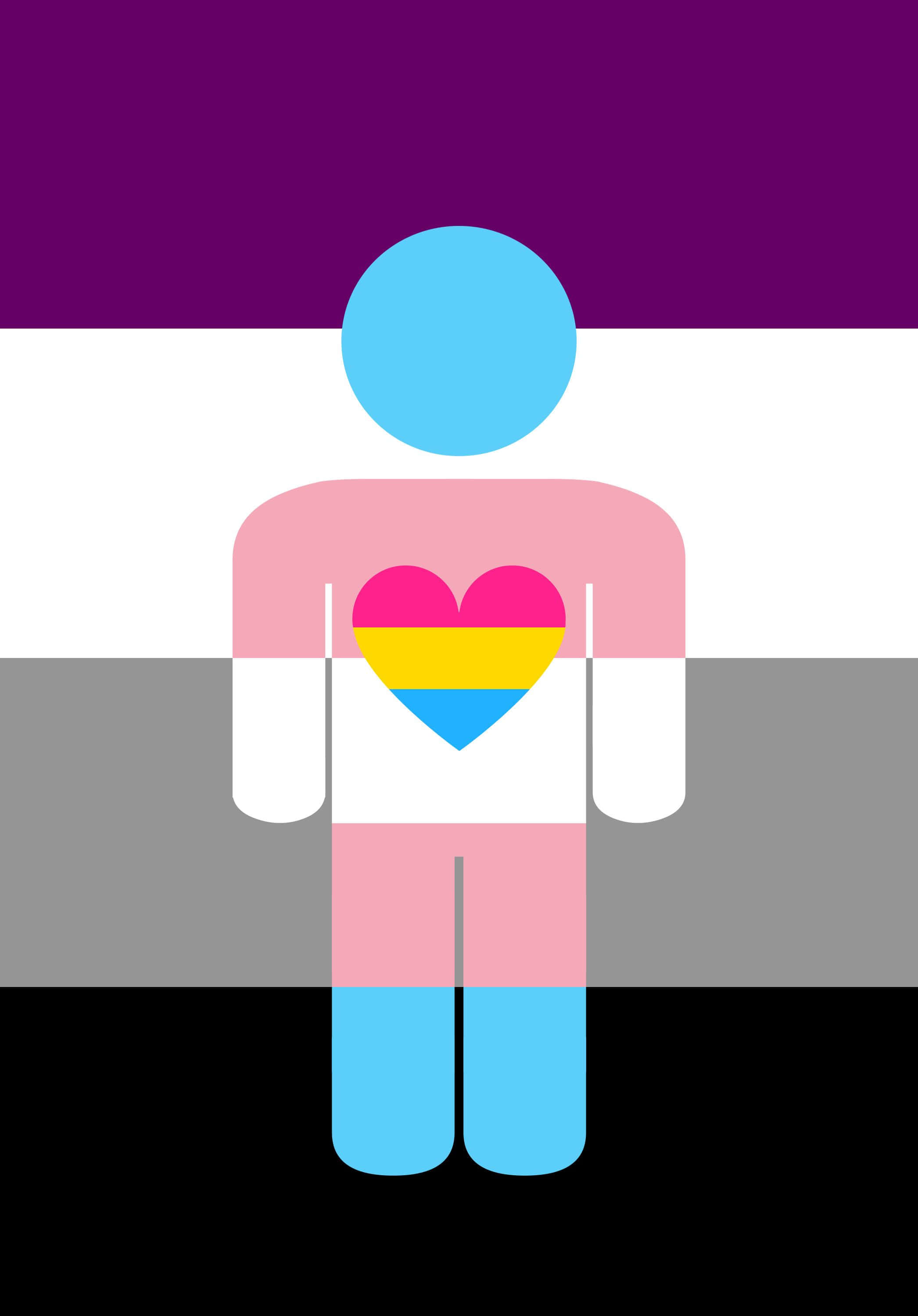 LGBT 桌布 壁紙 — 一個風格化的人形帶有心形標誌，站在跨性別旗幟的紫色、白色、灰色和黑色條紋前。