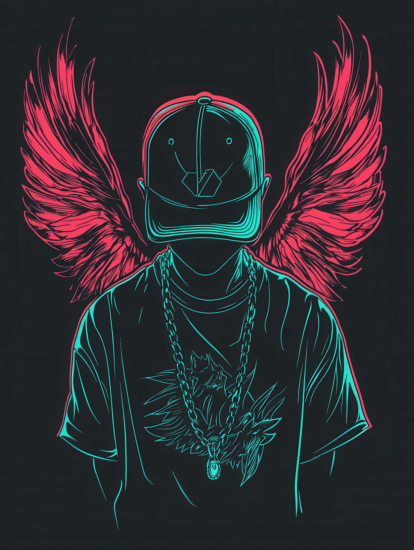 Neon Line Art of Faceless Figure with Wings, Cap, and Chain Necklace 壁紙 — 一個風格化的人物，帶有發光的青色輪廓，戴著帽子，紅色翅膀，背景為深色。