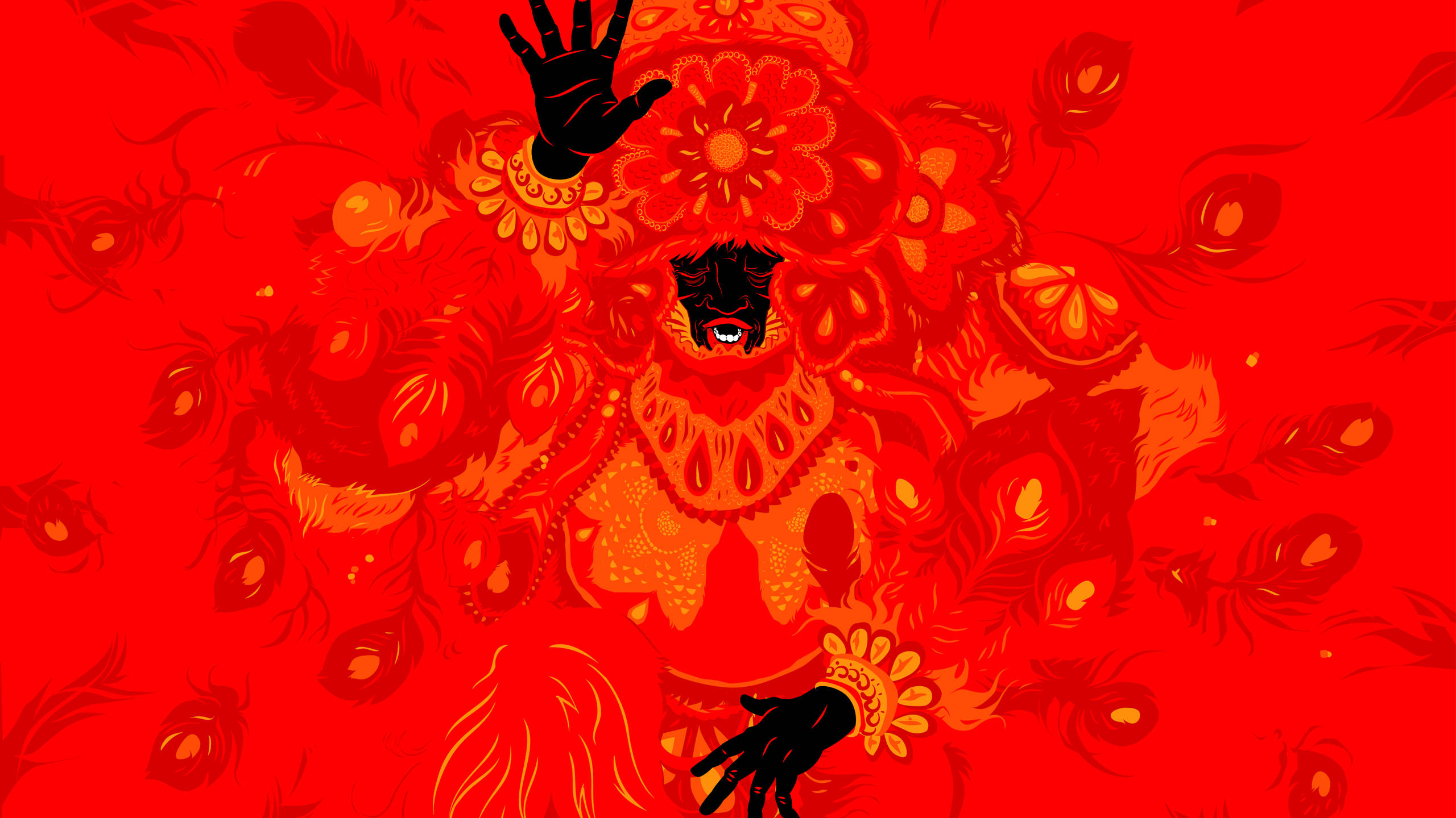 HD Psychedelic 桌布 壁紙 — 一個風格化的人物，帶有華麗的紅色和橙色花卉圖案及黑色雙手，在火紅的背景上浮現。