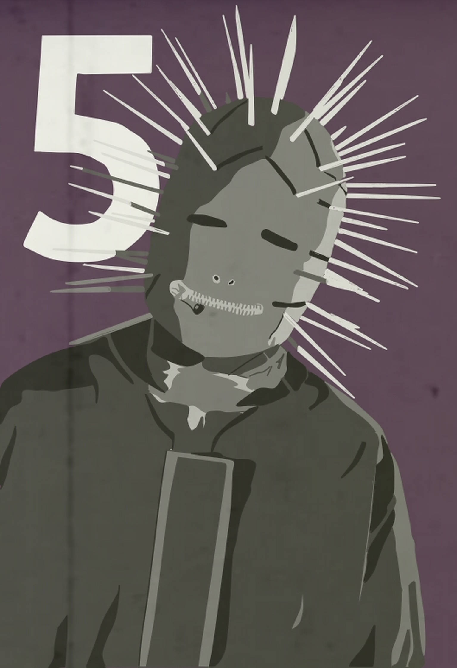 craig jones 桌布 壁紙 — 一個風格化的人物，戴著尖刺頭盔和拉鍊嘴巴，站在紫色背景前，旁邊有一個大的白色數字五。