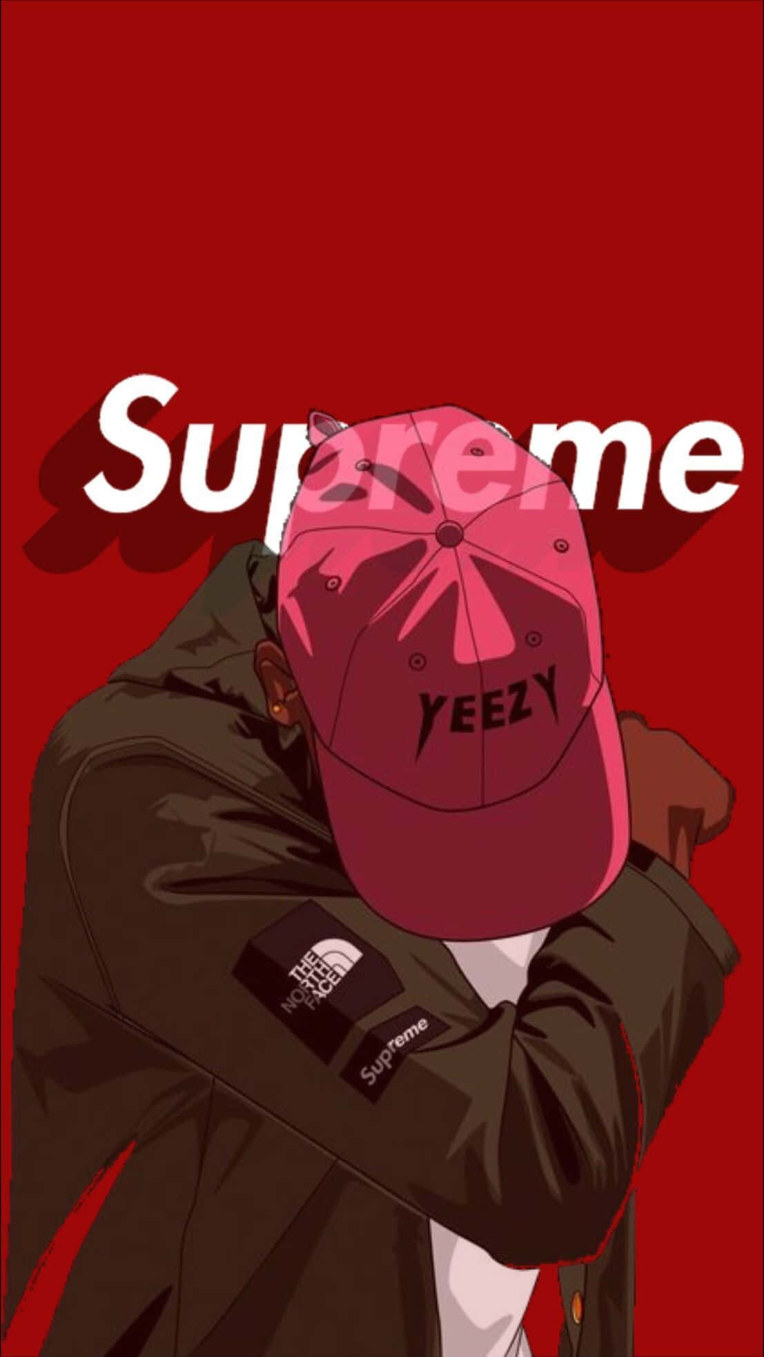 Rapper Cartoon 桌布 壁紙 — 一個風格化的人物，戴著粉紅色Yeezy帽子和橄欖色外套，站在帶有'Supreme'文字的醒目紅色背景前。
