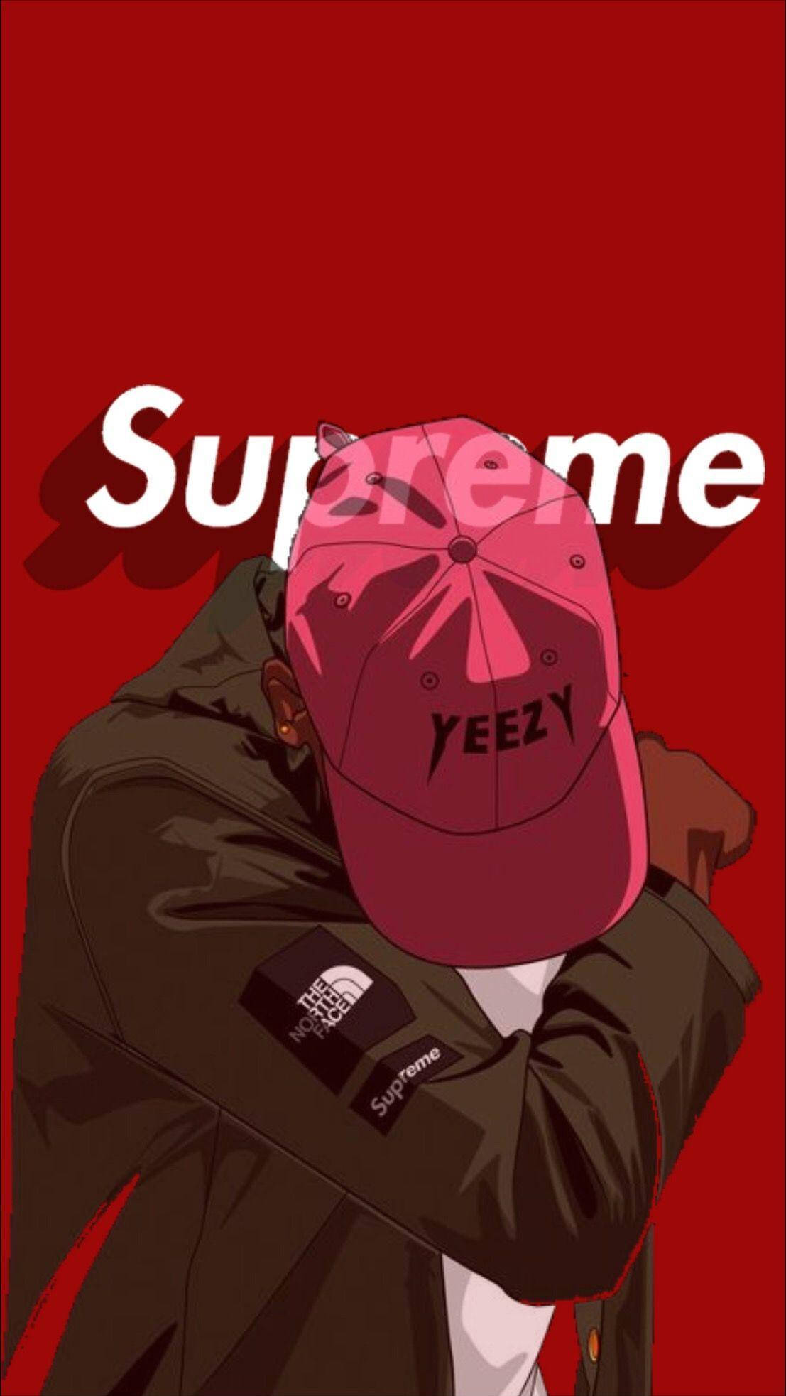 超屌 Supreme 桌布 壁紙 — 一個風格化的人物，戴著粉紅色Yeezy帽子和棕色Supreme外套，站在大膽的紅色背景前，上面有白色的Supreme字樣。