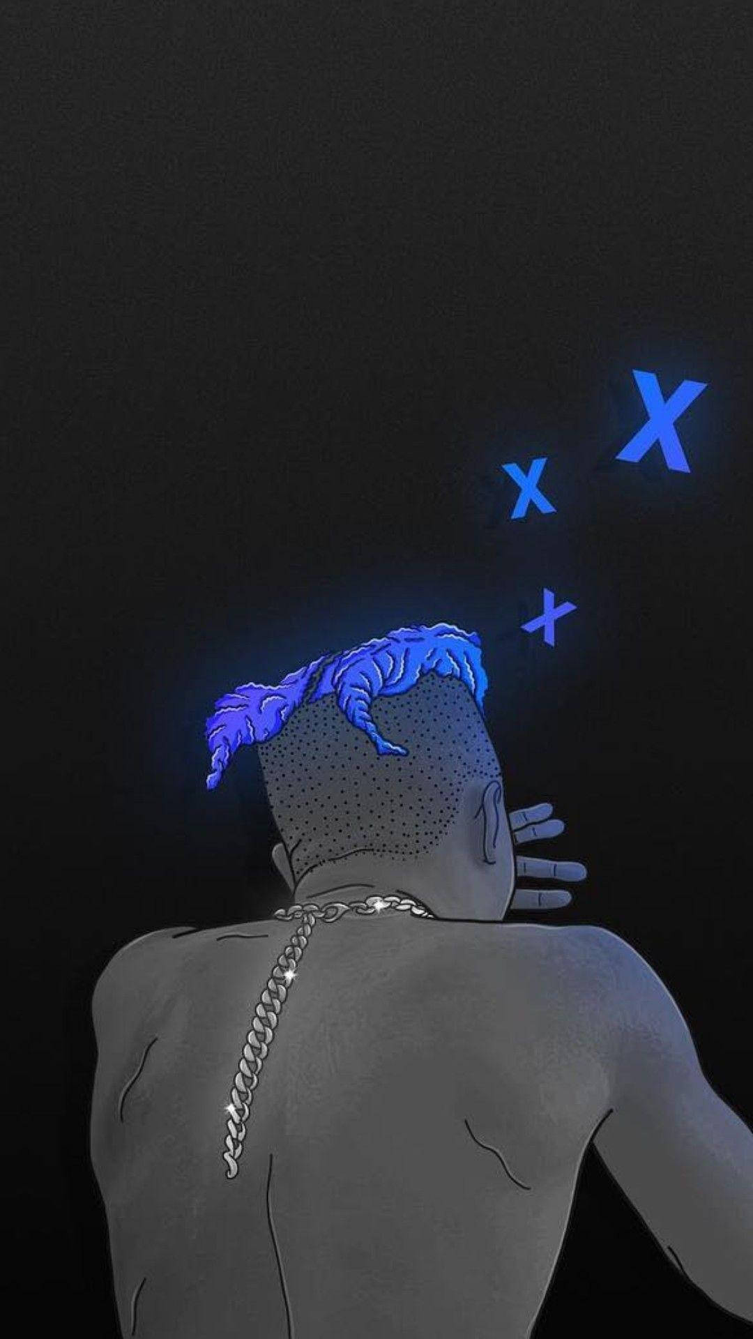 xxxtentacion 美學 桌布 壁紙 — 一個風格化的人物，擁有發光的藍色頭髮和漂浮的X符號，背景為深色。
