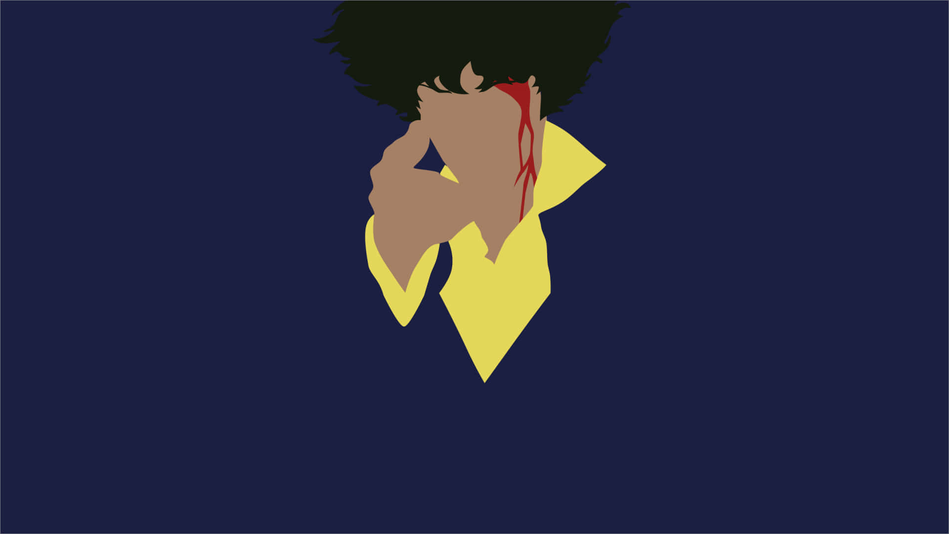Anime Minimalist 桌布 壁紙 — 一個風格化的人物，擁有非洲式頭髮和黃色襯衫，在深藍色背景上用一隻手遮住臉。