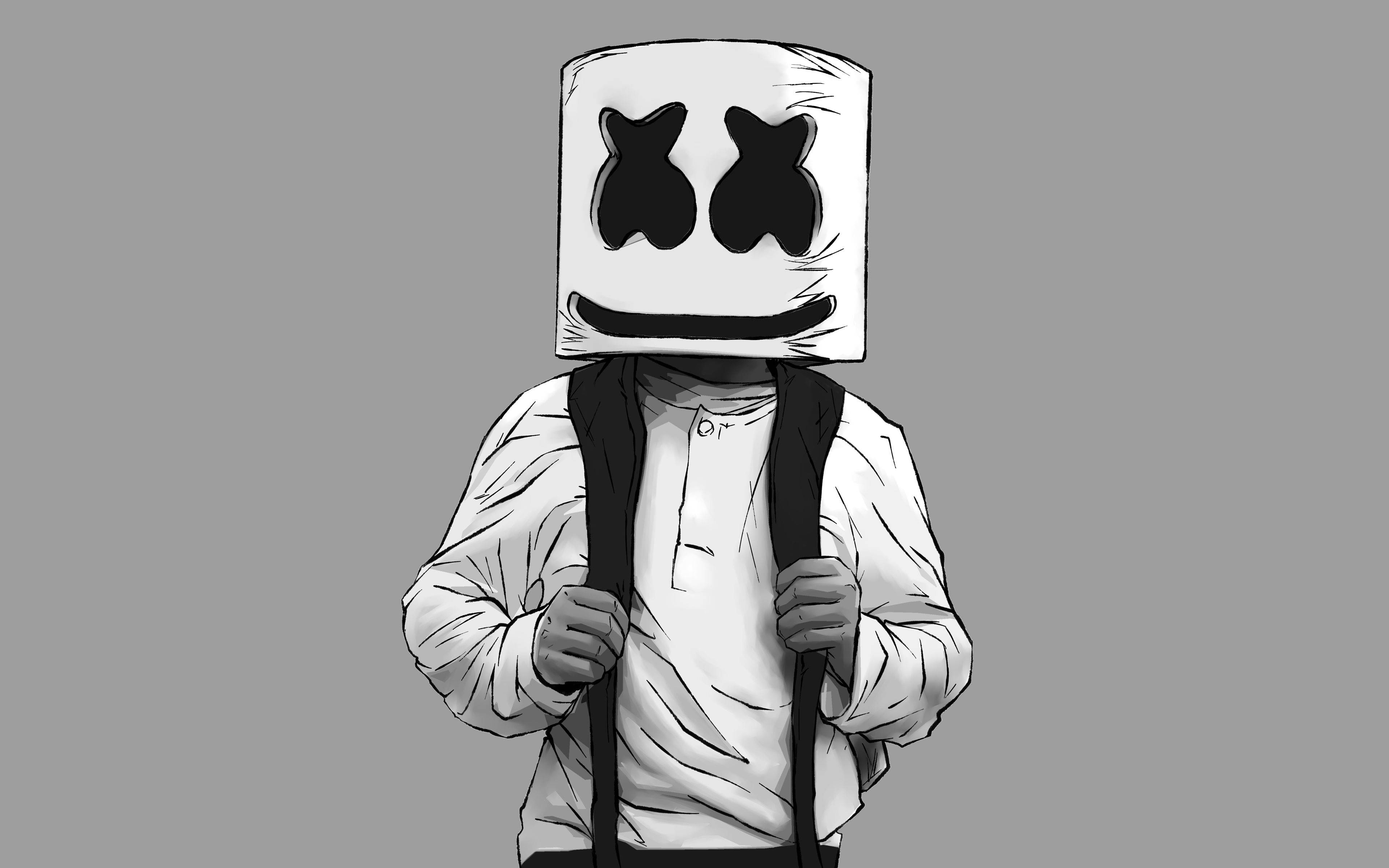Marshmallow Dj 桌布 壁紙 — 一個風格化的人物，有著方形棉花糖頭和簡單的黑色眼睛和微笑，站在純灰色背景前。