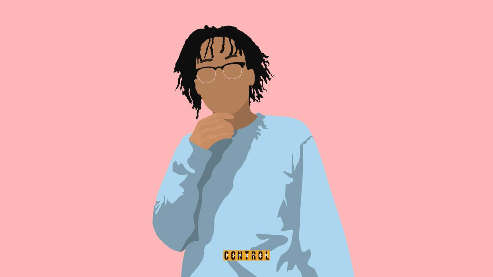 Rappers 桌布 壁紙 — 一個風格化的人物，梳著辮子頭和戴眼鏡，在柔和的粉紅色背景前沉思，穿著一件藍色襯衫，上面寫著control。
