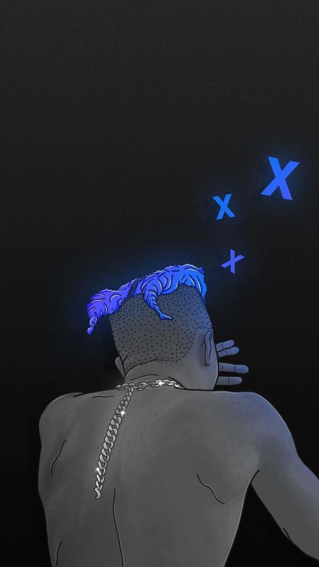 Xxxtentacion Blue Hair 桌布 壁紙 — 一個風格化的人物，藍色發光的頭髮和X符號漂浮在頭頂上方，背景為深色。