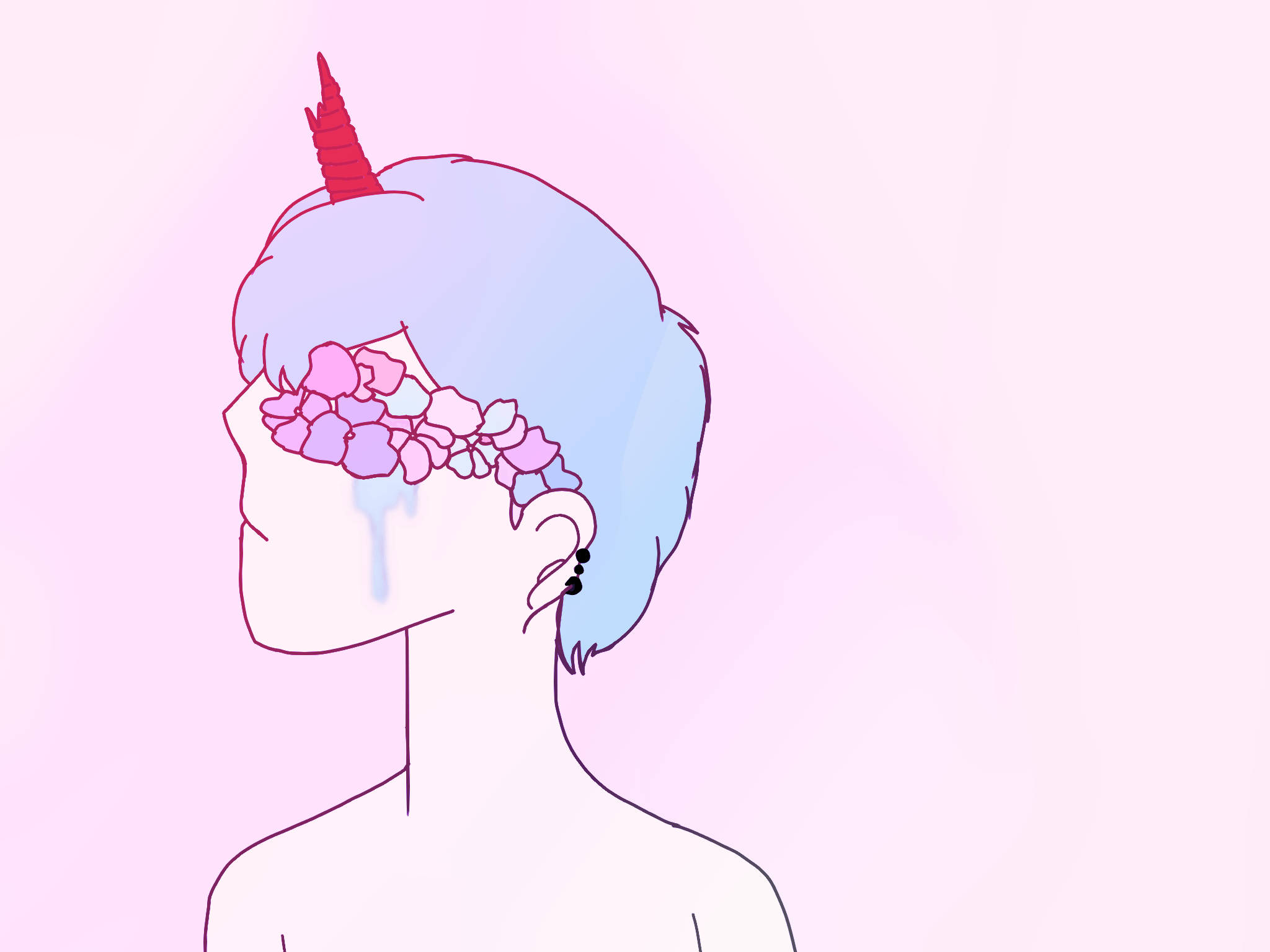 Pastel Gore 桌布 壁紙 — 一個風格化的人物，藍色頭髮和紅色角，粉紅色的花朵遮蓋著他們的眼睛，一滴淚水順著臉頰流下，背景是柔和的粉紅色。