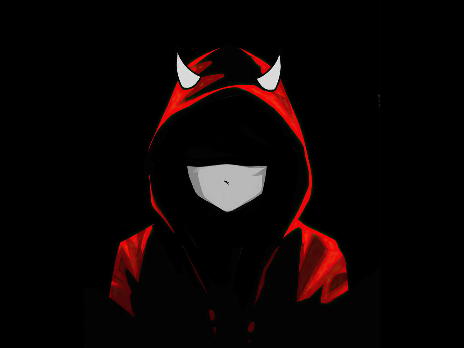 動漫男孩 桌布 壁紙 — 一個風格化的人物，身穿紅色連帽服裝，頭上有白色角，臉部空白白色，站在黑色背景前。