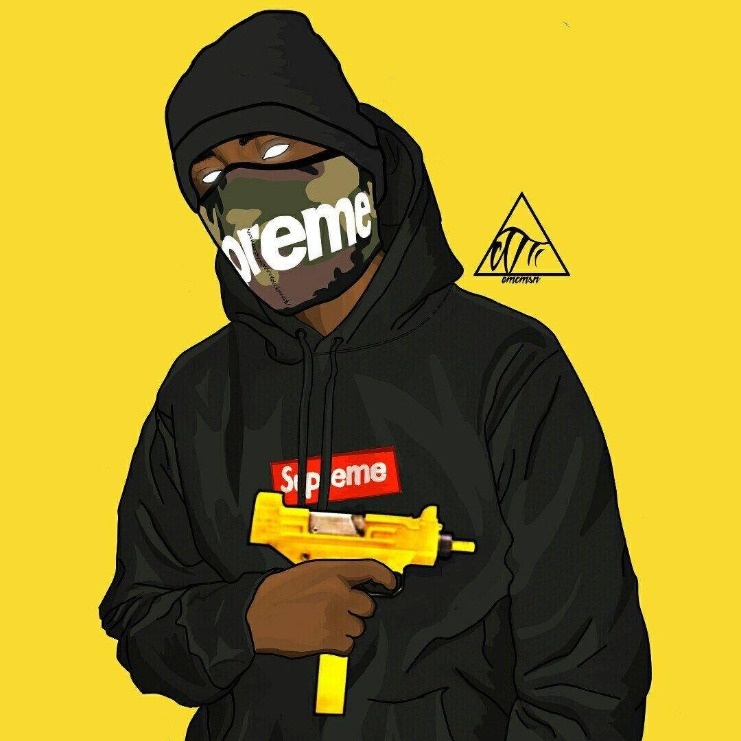超屌 Supreme 桌布 壁紙 — 一個風格化的人物，身穿黑色連帽衫和迷彩面具，在純黃色背景前拿著一把黃色玩具槍。