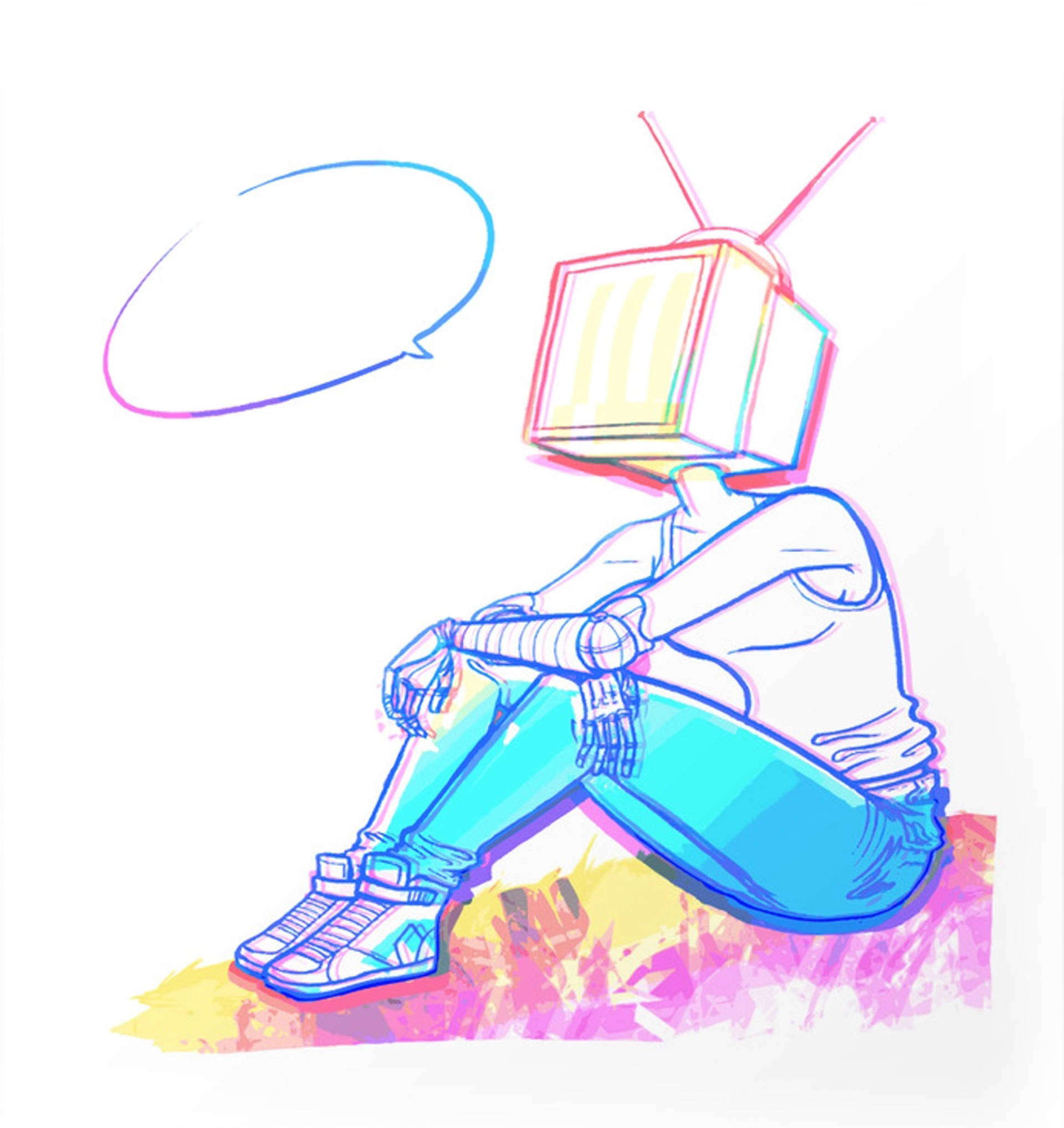 tv 桌布 壁紙 — 一個風格化的人物，頭部是一個復古電視機，盤腿坐在一個色彩繽紛的抽象補丁上，以霓虹色勾勒輪廓。