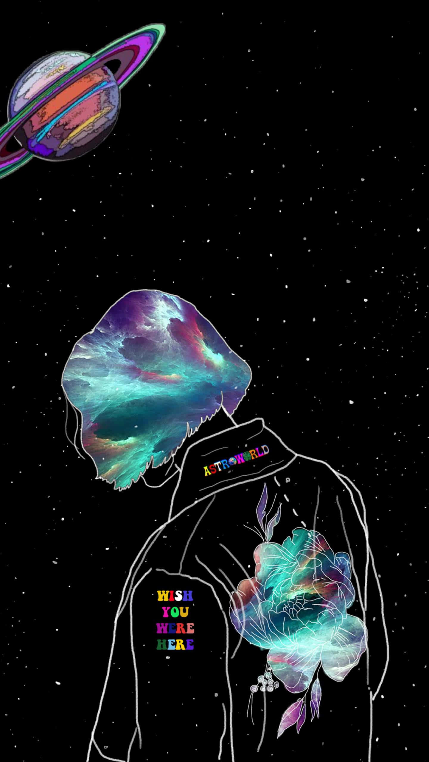 Astroworld 桌布 壁紙 — 一個風格化的人物，頭部是宇宙星雲，穿著發光的花卉外套，站在一個色彩繽紛的環狀行星下，背景是繁星點點的夜空。