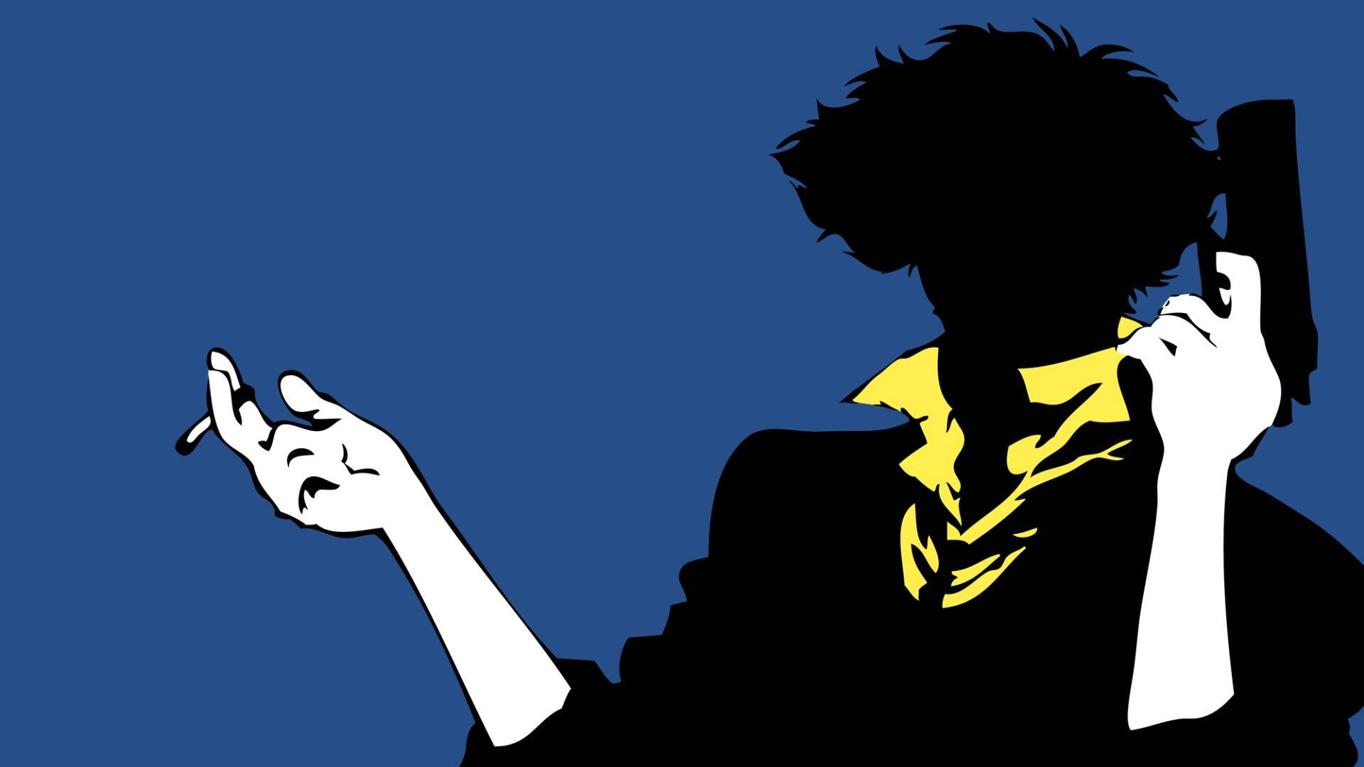 Cowboy Bebop 桌布 壁紙 — 一個風格化的人物剪影，手持香菸和電話，背景為純藍色，配以黃色圍巾。