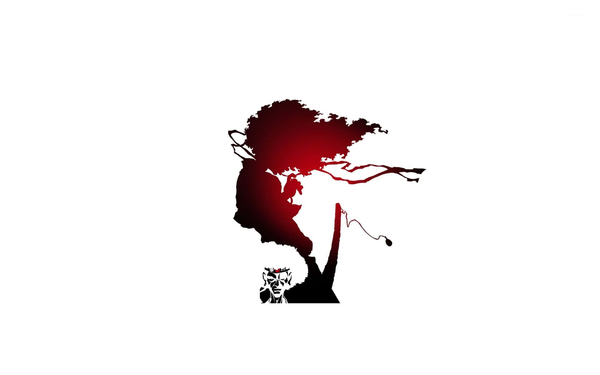 Afro Samurai 桌布 壁紙 — 一個風格化的人物剪影，擁有飄逸的紅髮和惡魔角，背景為純白色。