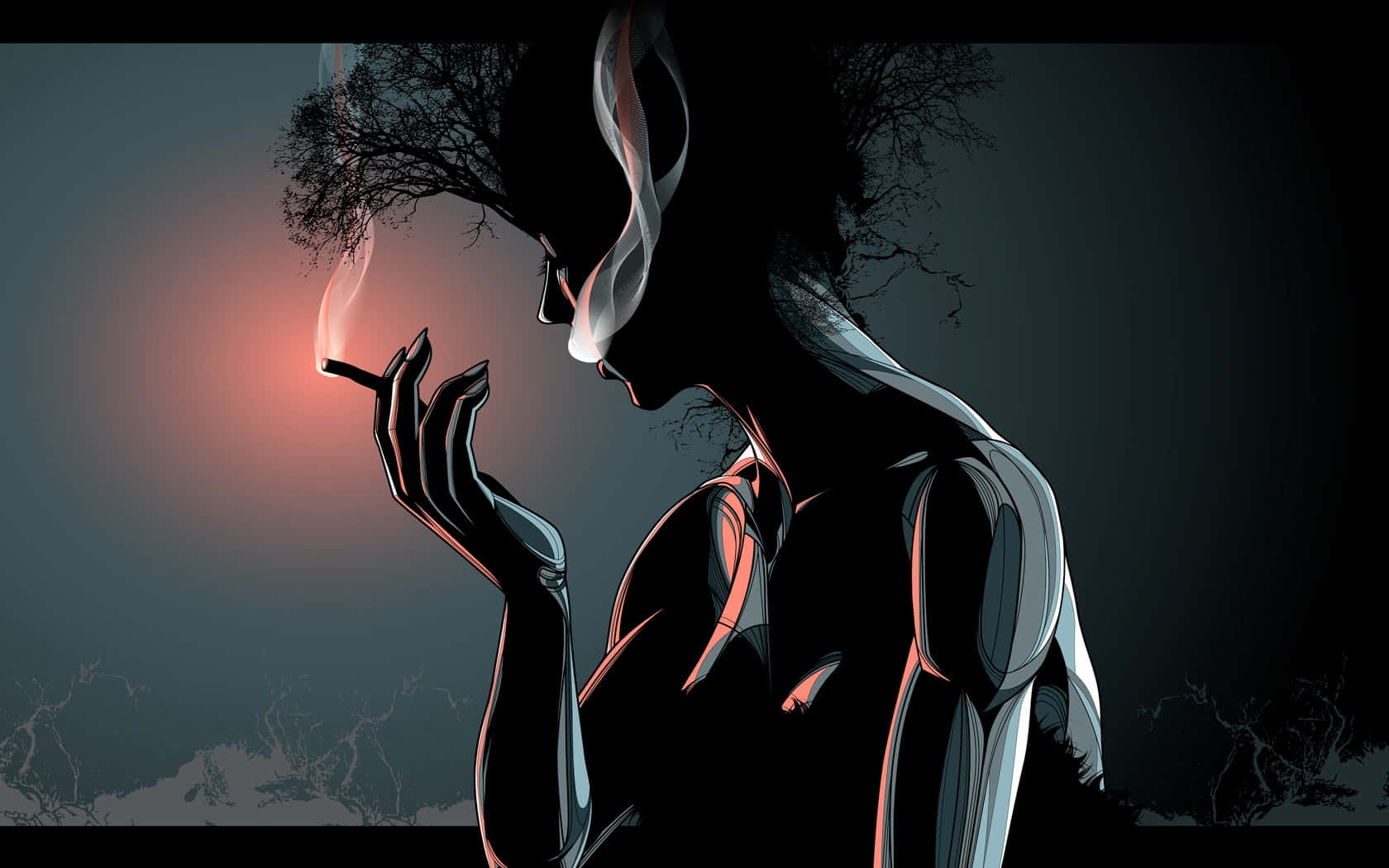 cigarettes 桌布 壁紙 — 一個風格化的人物剪影，正在吸煙，煙霧在黑暗的暮色天空中形成樹枝。