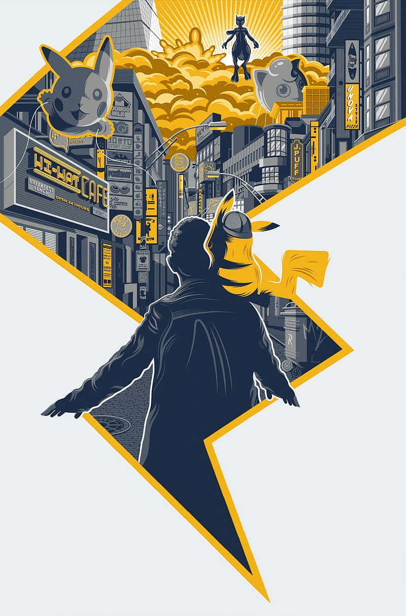 Pokemon Posters 桌布 壁紙 — 一個風格化的人物剪影走過充滿活力的黃色和灰色城市景觀，其中包含寶可夢角色和霓虹燈招牌。