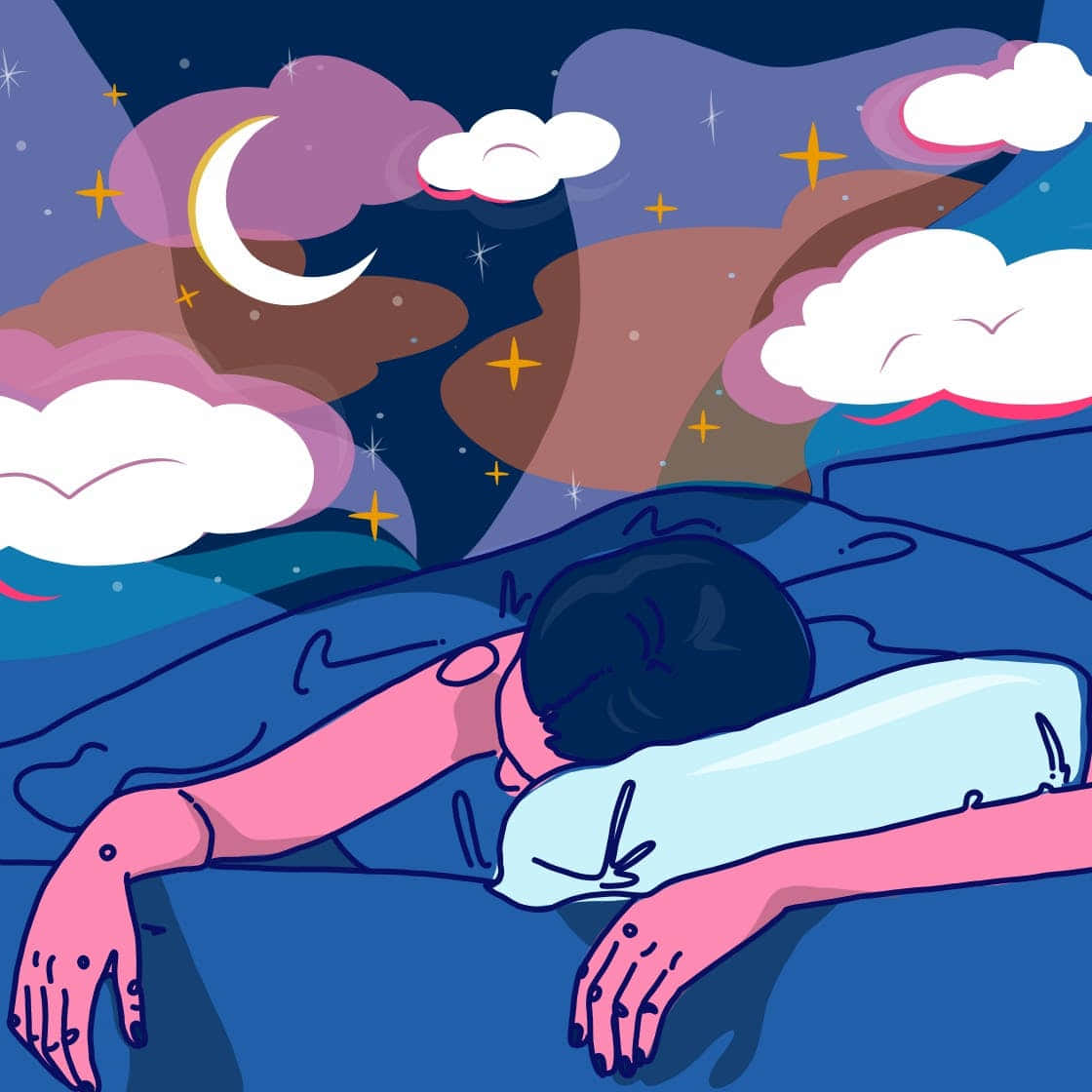Dreaming 桌布 壁紙 — 一個風格化的人物在星空下安詳入睡，伴隨著新月和色彩繽紛的雲朵。