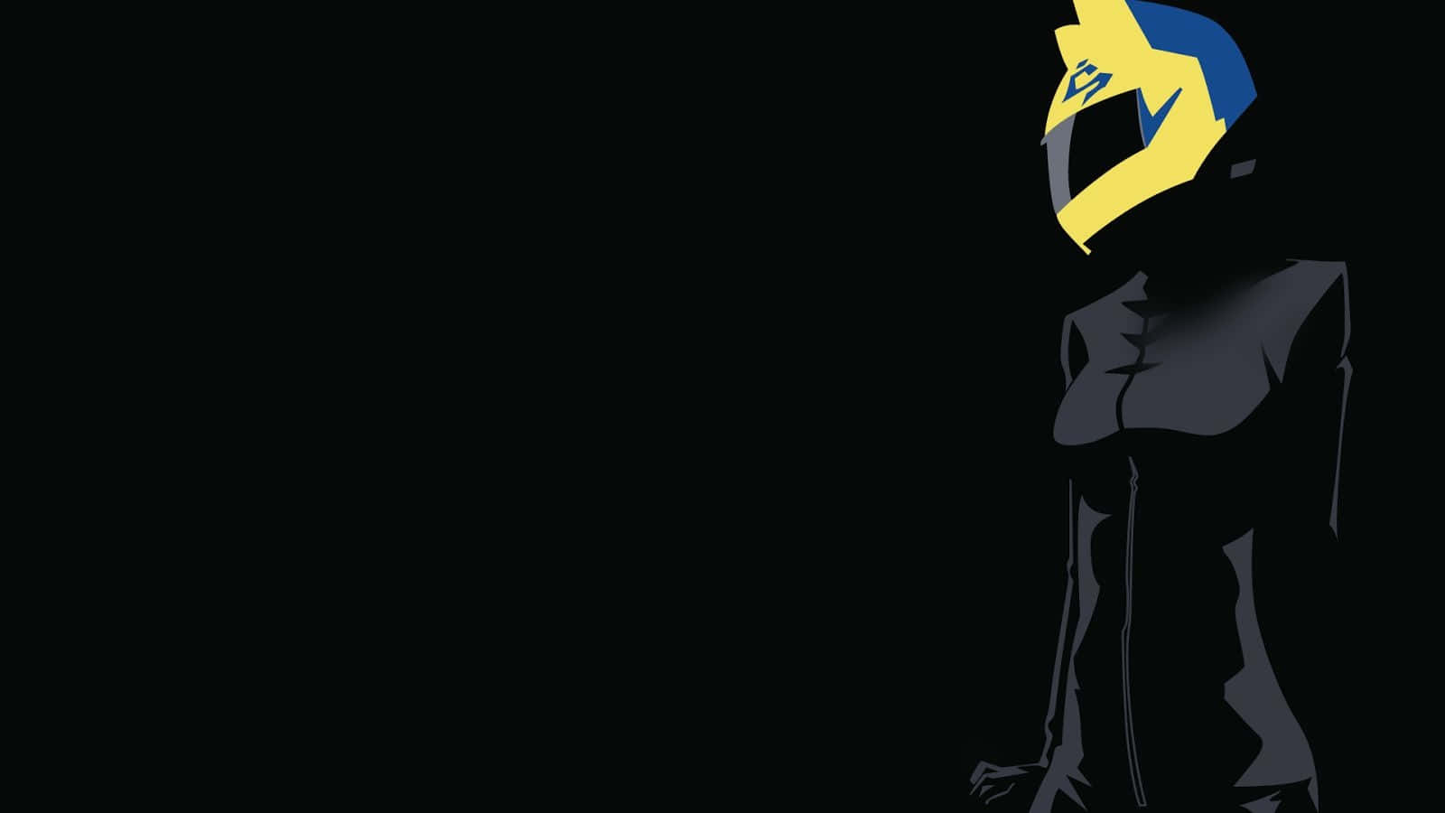 Anime Minimalist 桌布 壁紙 — 一個風格化的人物戴著黃藍色頭盔，站在黑色背景的陰影中。