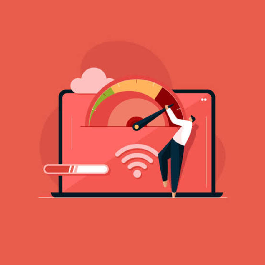 Internet 桌布 壁紙 — 一個風格化的人物爬上筆記型電腦螢幕，調整一個表示網際網路連線強度的大型速度計圖示。