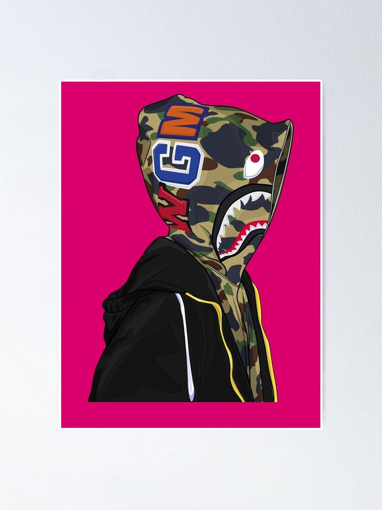 Bape Cartoon 桌布 壁紙 — 一個風格化的人物穿著迷彩鯊魚嘴連帽衫，站在充滿活力的粉紅色背景前。