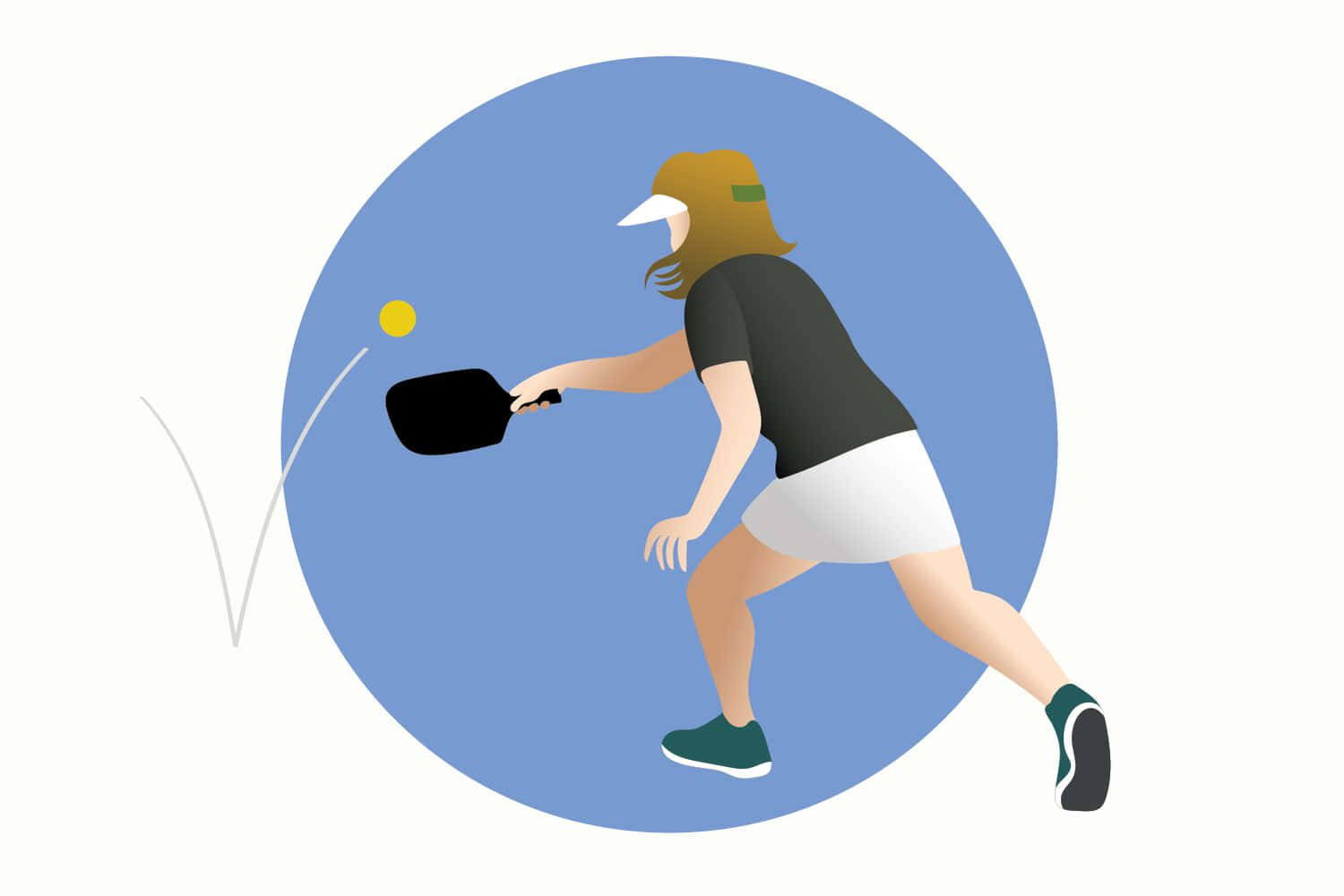 Pickleball 桌布 壁紙 — 一個風格化的人物穿著運動裝備，揮動球拍擊打一個黃色球，背景為藍色圓形。