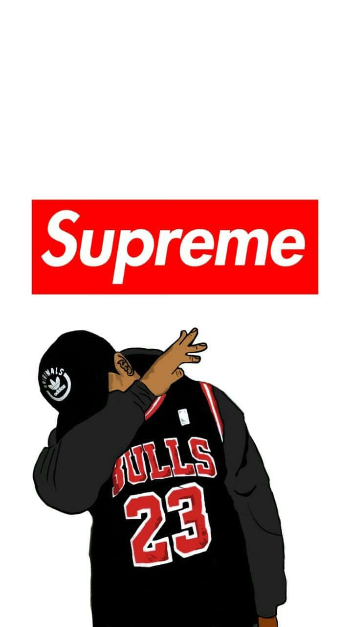 Dope Phone 桌布 壁紙 — 一個風格化的人物穿著黑色Bulls 23球衣和帽子，在白色背景上的紅色Supreme標誌下做出Dab動作。