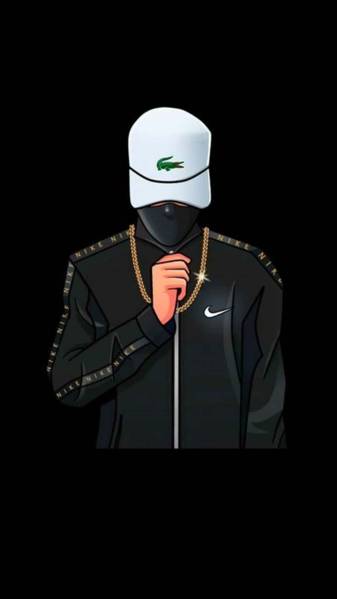 Cap 桌布 壁紙 — 一個風格化的人物穿著黑色Nike外套和白色Lacoste帽子，在黑色背景前拿著一條金鏈。