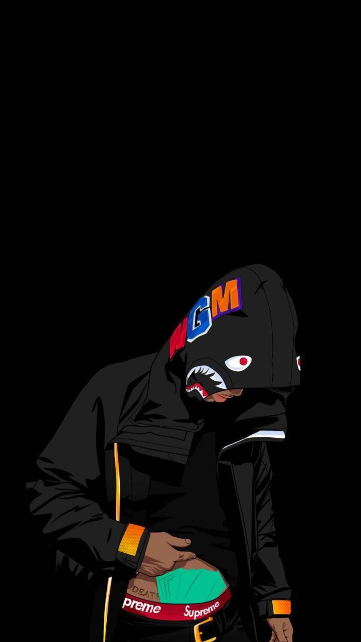 Hoodie 桌布 壁紙 — 一個風格化的人物穿著黑色連帽衫，帶有鯊魚臉和'MGM'標誌，站在純黑色背景前，露出綠色Supreme品牌的腰帶。