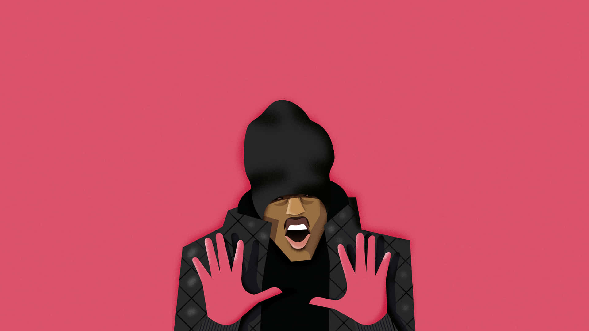 Dababy Cartoon 桌布 壁紙 — 一個風格化的人物穿著黑色連帽衫和外套，雙手舉起，對著純粉紅色背景尖叫。