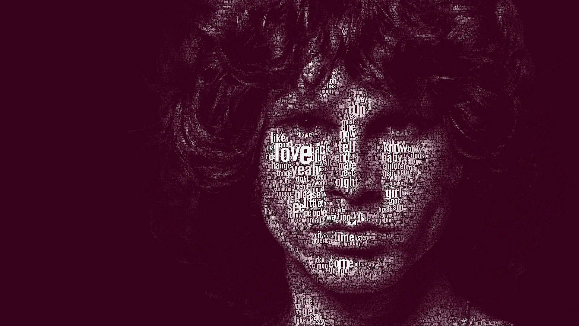 Morrison 桌布 壁紙 — 一個風格化的人物肖像，其捲曲頭髮由白色文字單詞形成，背景為深栗色。