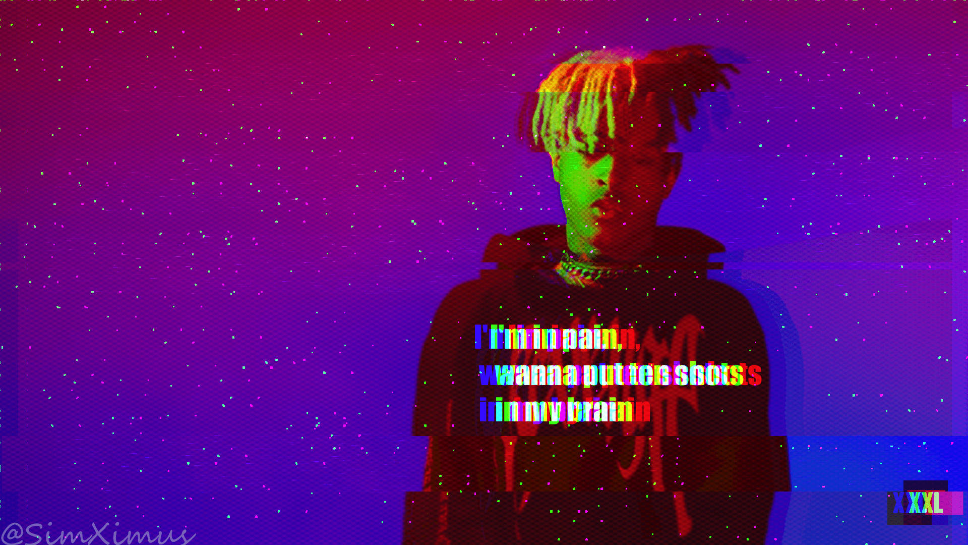 XXXTENTACION 桌布 壁紙 — 一個風格化的人物肖像，帶有霓虹染色的辮子，背景是星空紫色並帶有故障文字疊加。