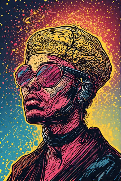 Bold Pop Art Comic Wallpaper 壁紙 — 一個風格化的人物肖像，戴著粉紅色太陽眼鏡和黃色頭巾，背景是充滿活力的潑濺圖案。