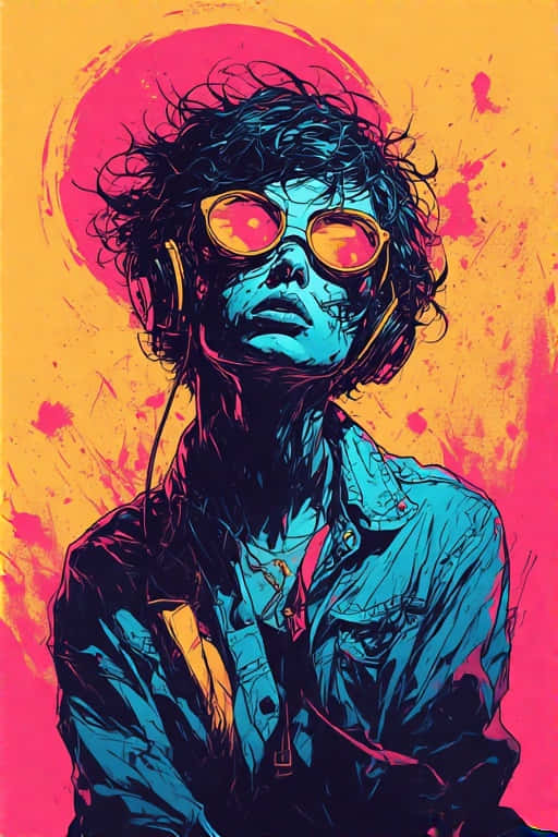 Bold Pop Art Comic Wallpaper 壁紙 — 一個風格化的人物肖像，擁有捲曲頭髮，戴著耳機和橙色眼鏡，背景是鮮豔的粉紅色和黃色。
