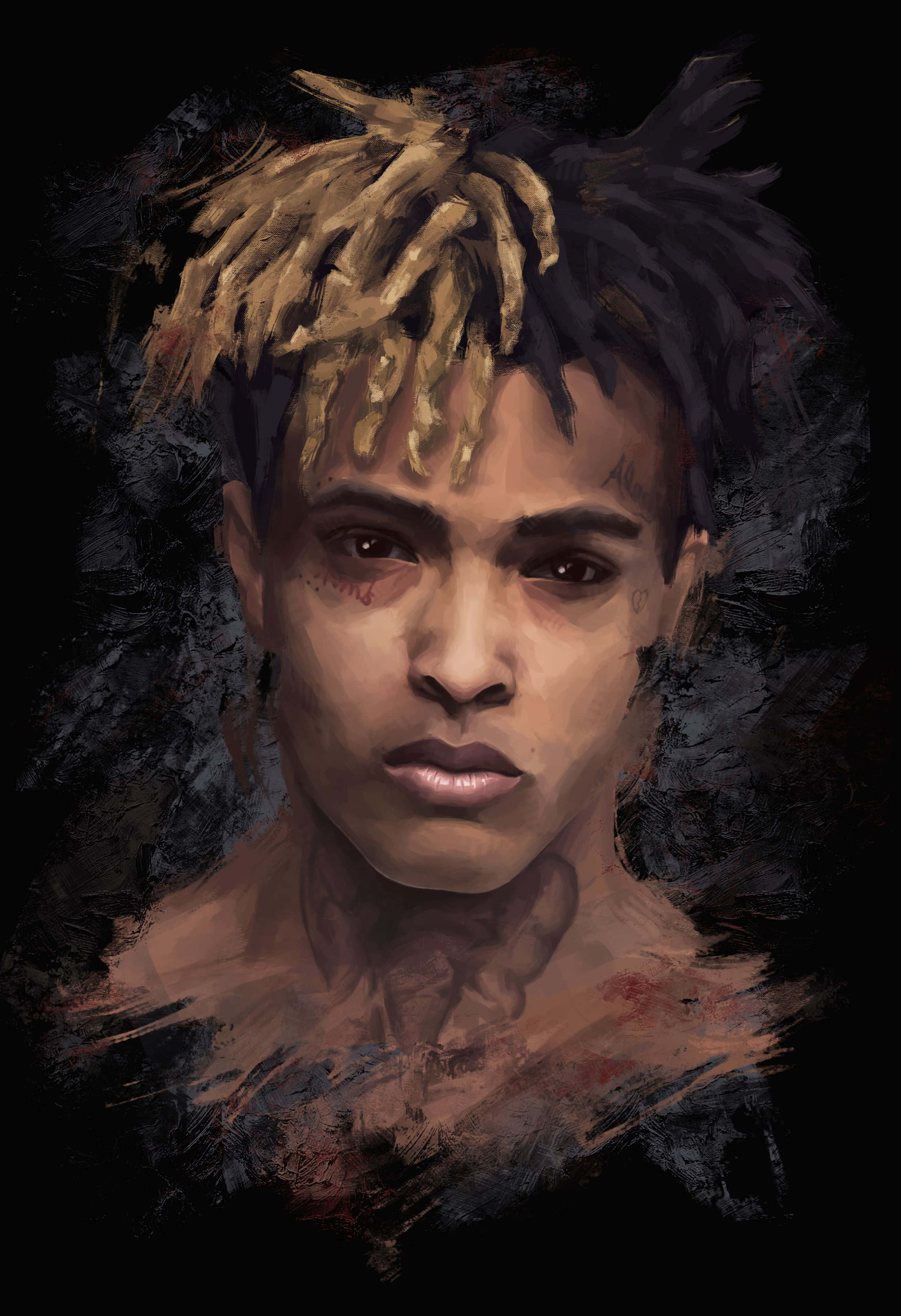 XXXTENTACION 桌布 壁紙 — 一個風格化的人物肖像，擁有金色和黑色的辮子，背景為深色紋理。