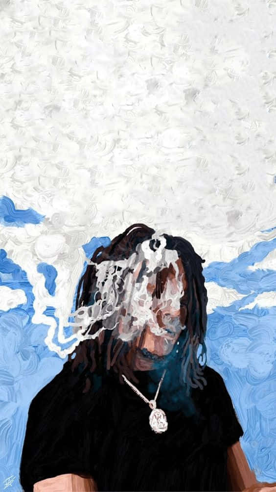Travis Scott Cartoon 桌布 壁紙 — 一個風格化的人物肖像，深色頭髮，黑色襯衫，背景是帶有紋理的藍白天空。