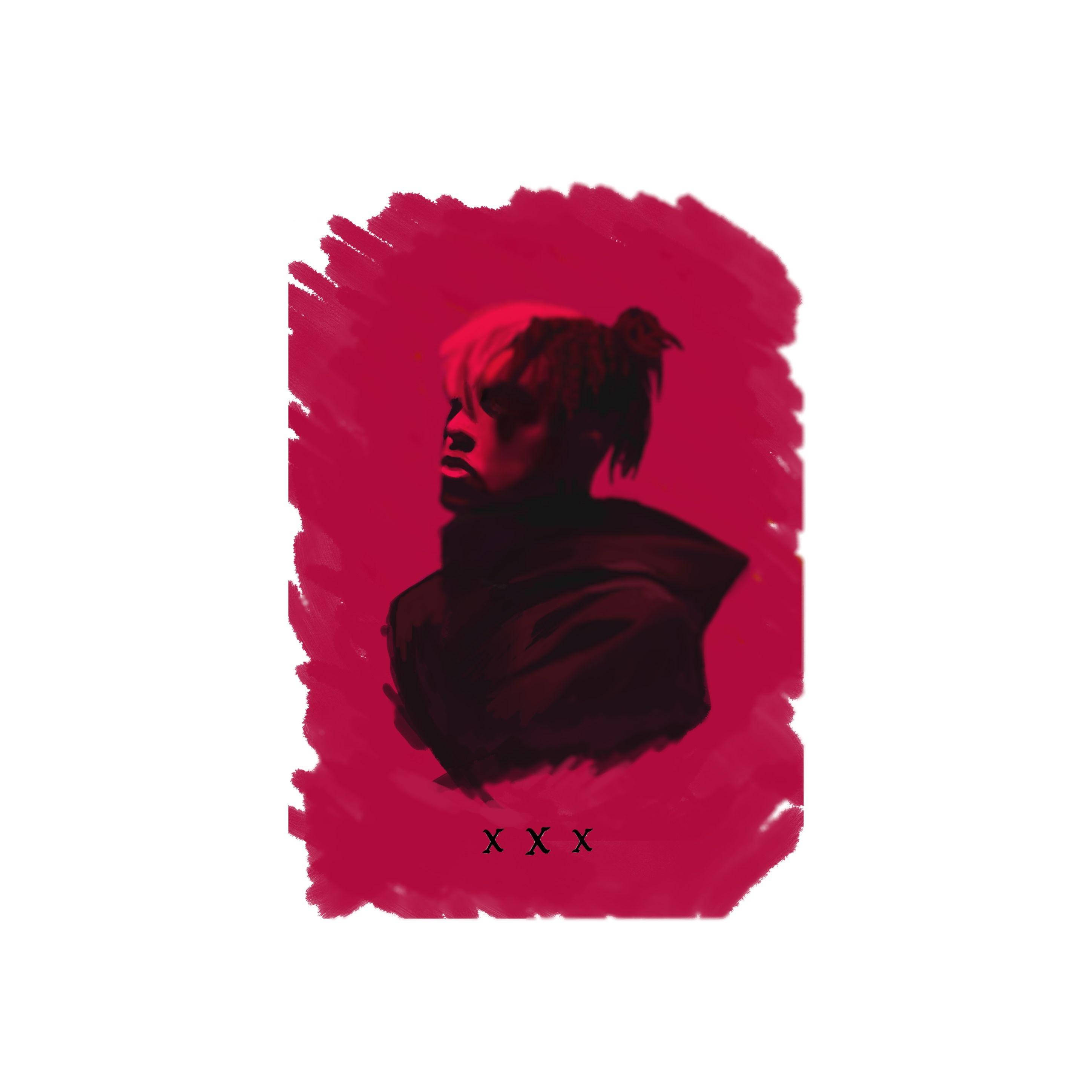 xxxtentacion 美學 桌布 壁紙 — 一個風格化的人物肖像，頭頂髮髻，背景是鮮明的紅色筆觸。