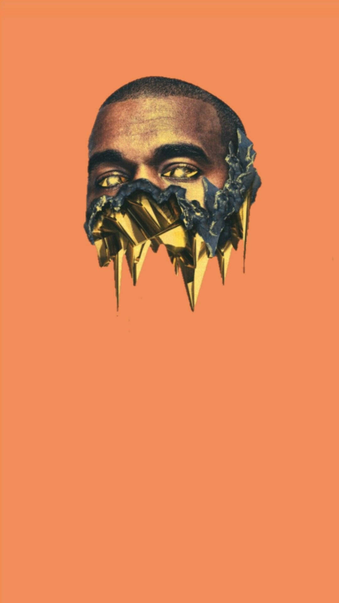 Kanye 桌布 壁紙 — 一個風格化的人臉，金色的水晶碎片從嘴裡滴落，背景為純橙色。