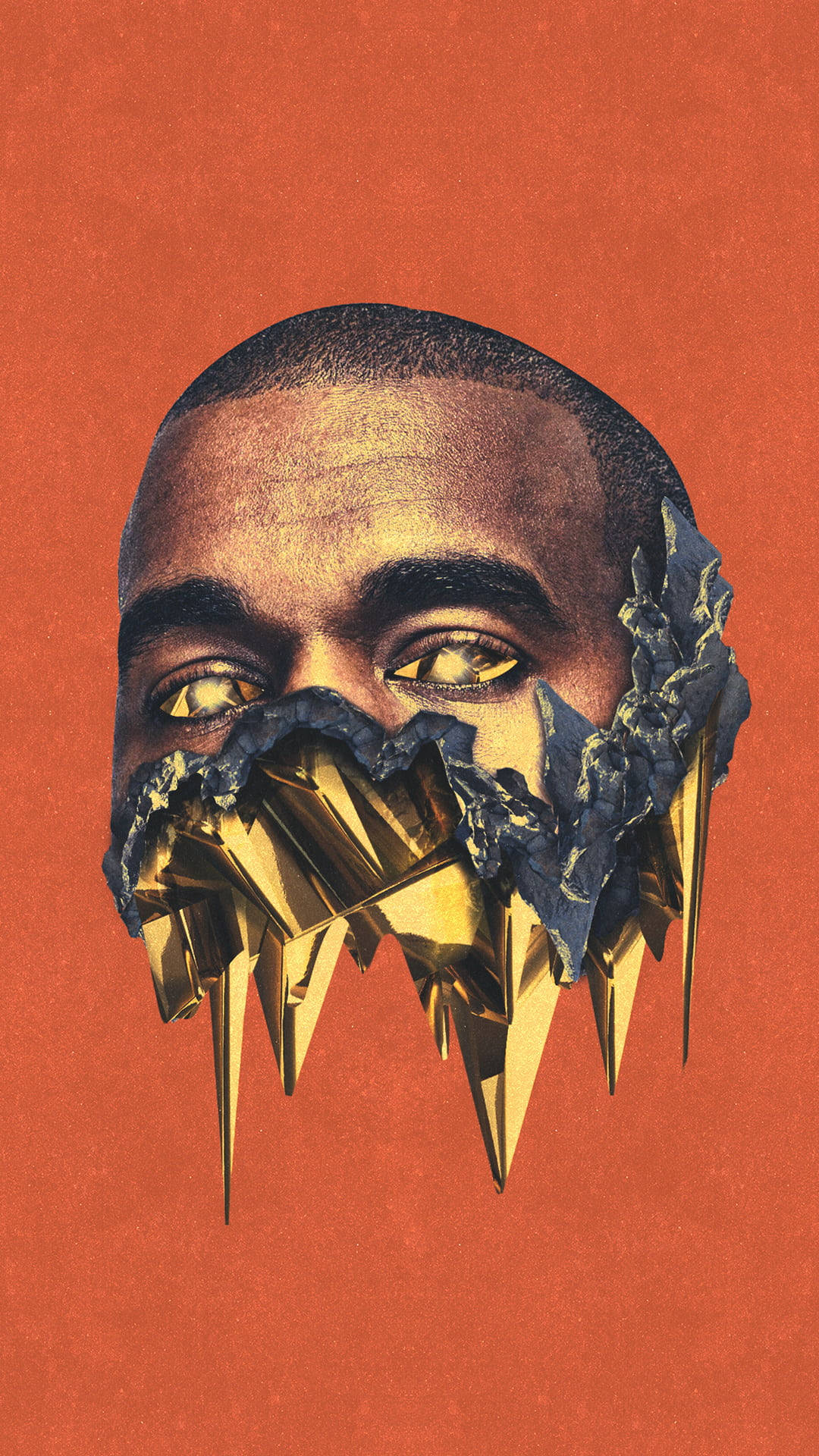 Kanye West Ye 桌布 壁紙 — 一個風格化的人頭，金色的水晶碎片從口中噴出，背景是帶有紋理的橙色。