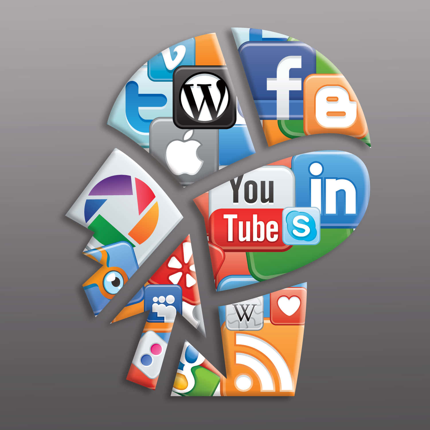 Social Media Icons 桌布 壁紙 — 一個風格化的人頭剪影，由色彩繽紛、碎片化的社交媒體應用程式圖示在灰色背景上形成。