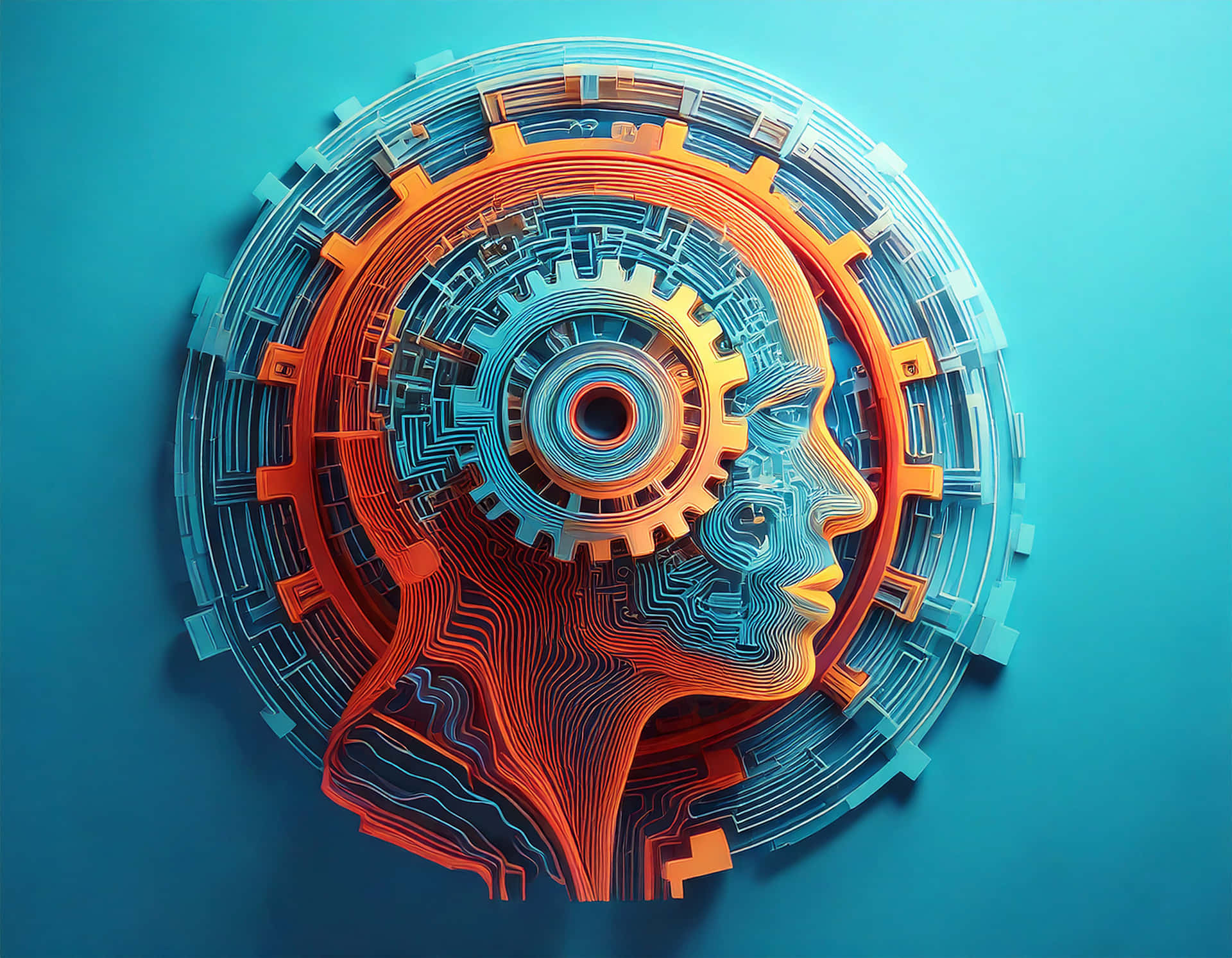 Gear icon with a Human Head 壁紙 — 一個風格化的人類頭部剪影，由橙色和藍色電路組成，帶有分層齒輪和同心科技圖案，背景為青色。