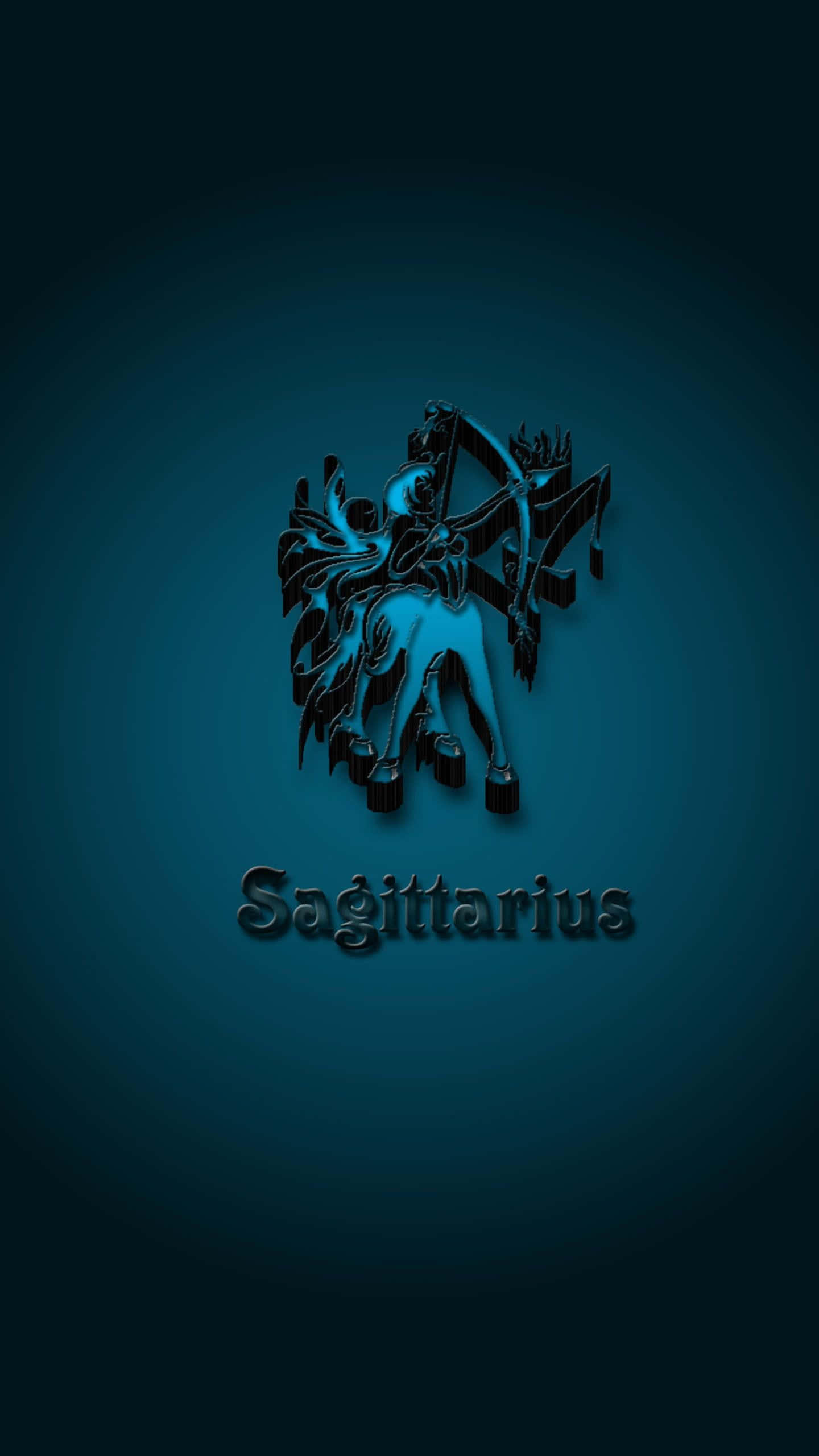 Sagittarius Aesthetic 桌布 壁紙 — 一個風格化的人馬座弓箭手剪影在青綠色漸變背景上發出電光藍色光芒。