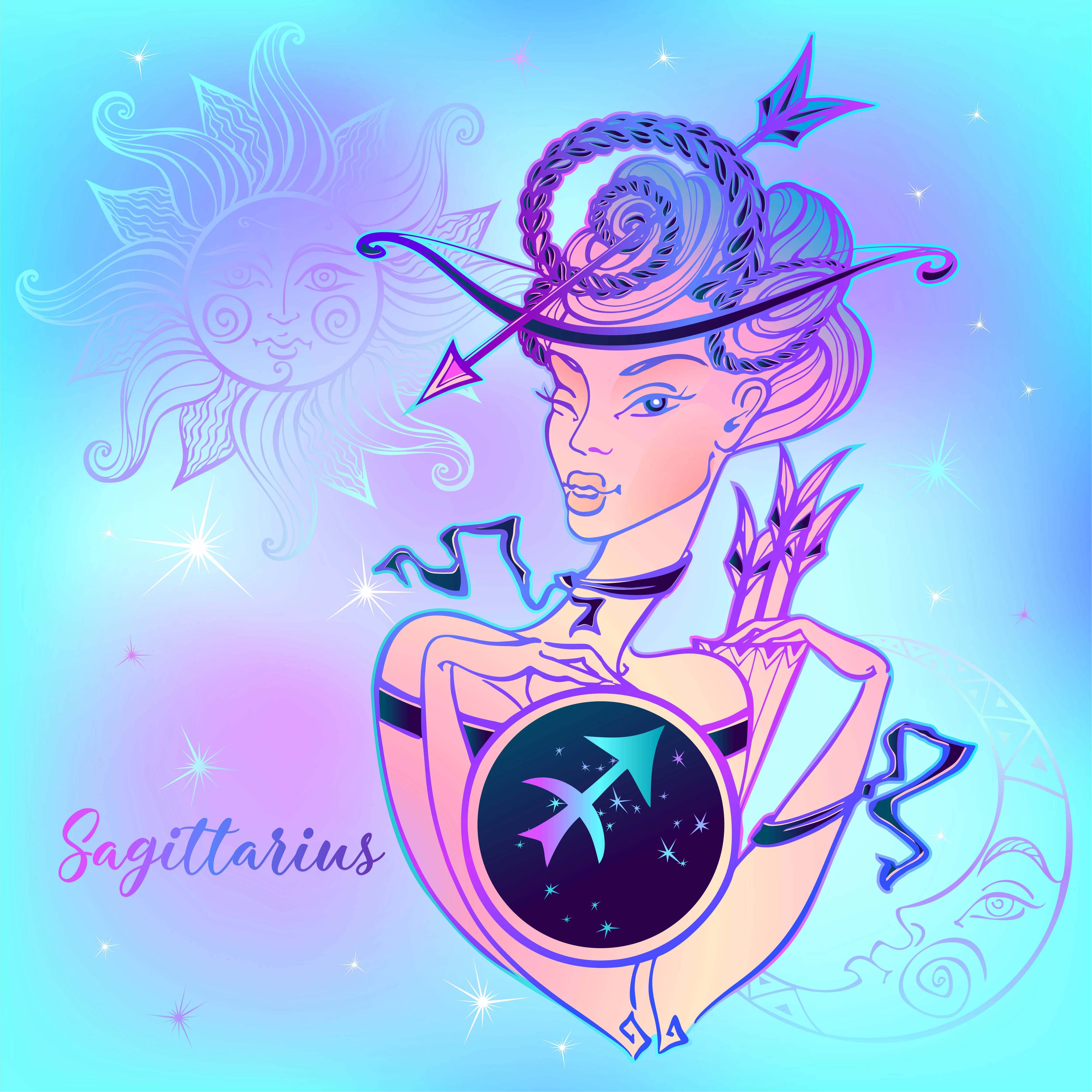 sagittarius 桌布 壁紙 — 一個風格化的人馬座弓箭手女孩，手持弓箭和星盾，背景是發光的宇宙。