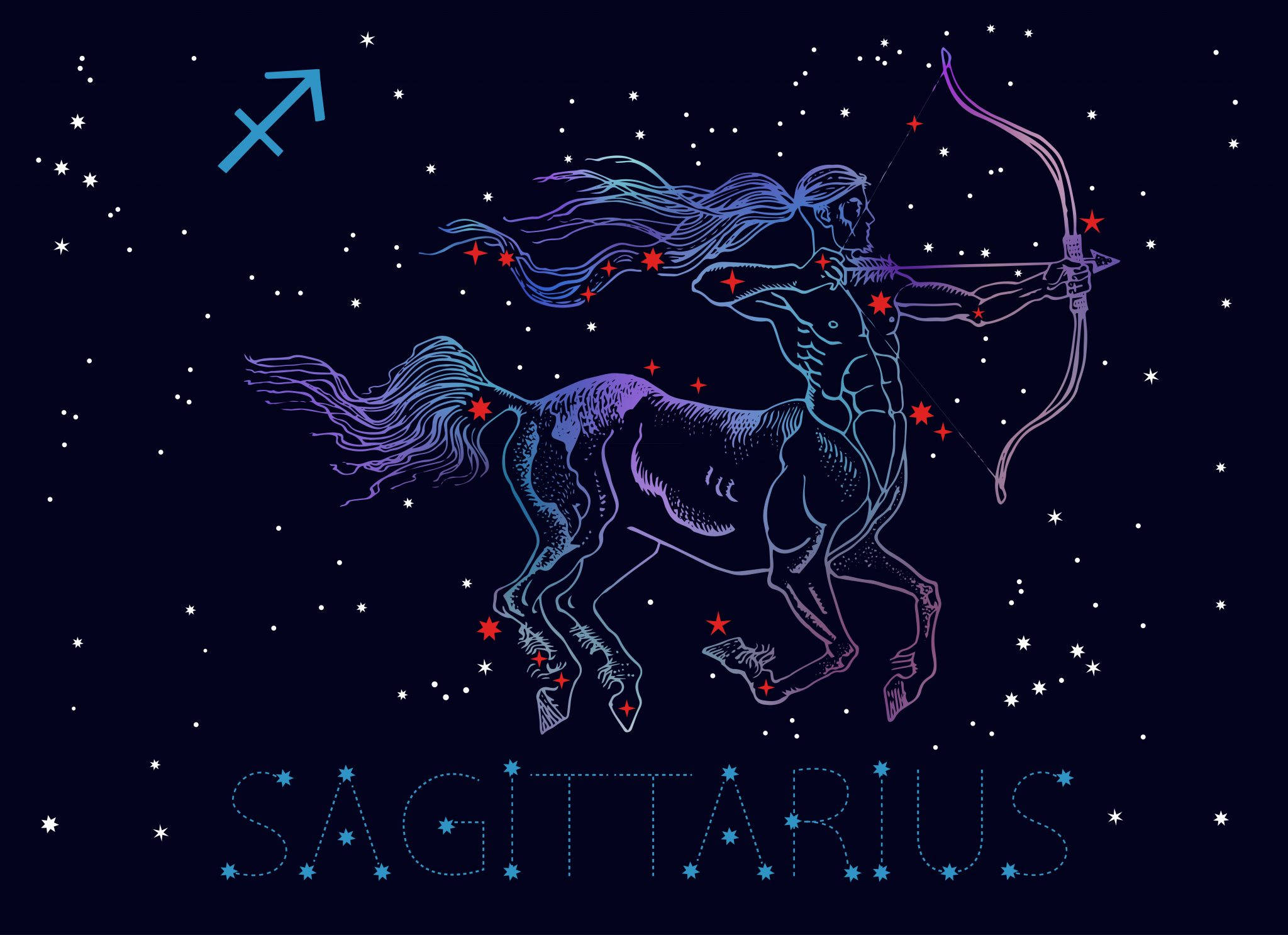 sagittarius 桌布 壁紙 — 一個風格化的人馬座弓箭手騎著馬在星空夜空中奔馳，發光的紅色星星標誌著他的星座。