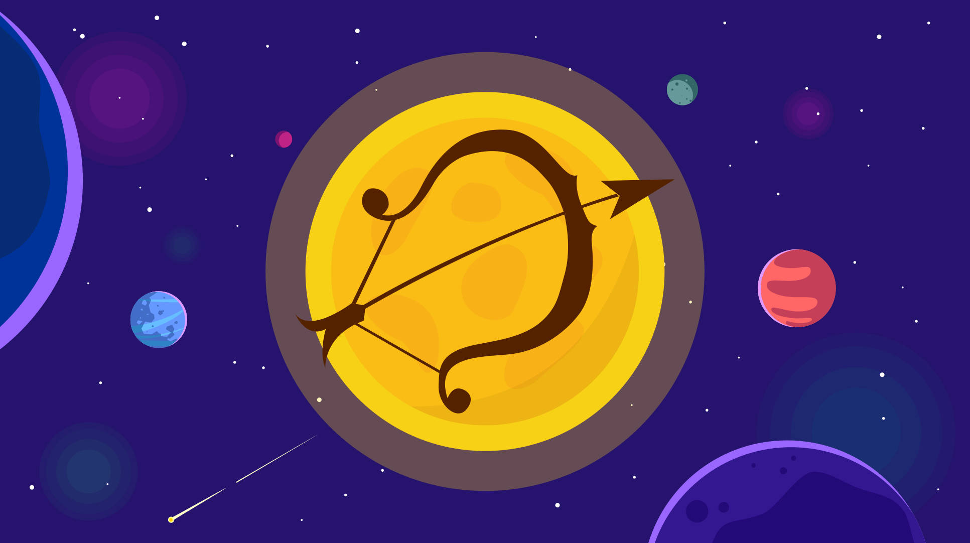 sagittarius 桌布 壁紙 — 一個風格化的人馬座星座符號在黃色圓圈中漂浮在深紫色宇宙背景上的多彩行星和星星之間。