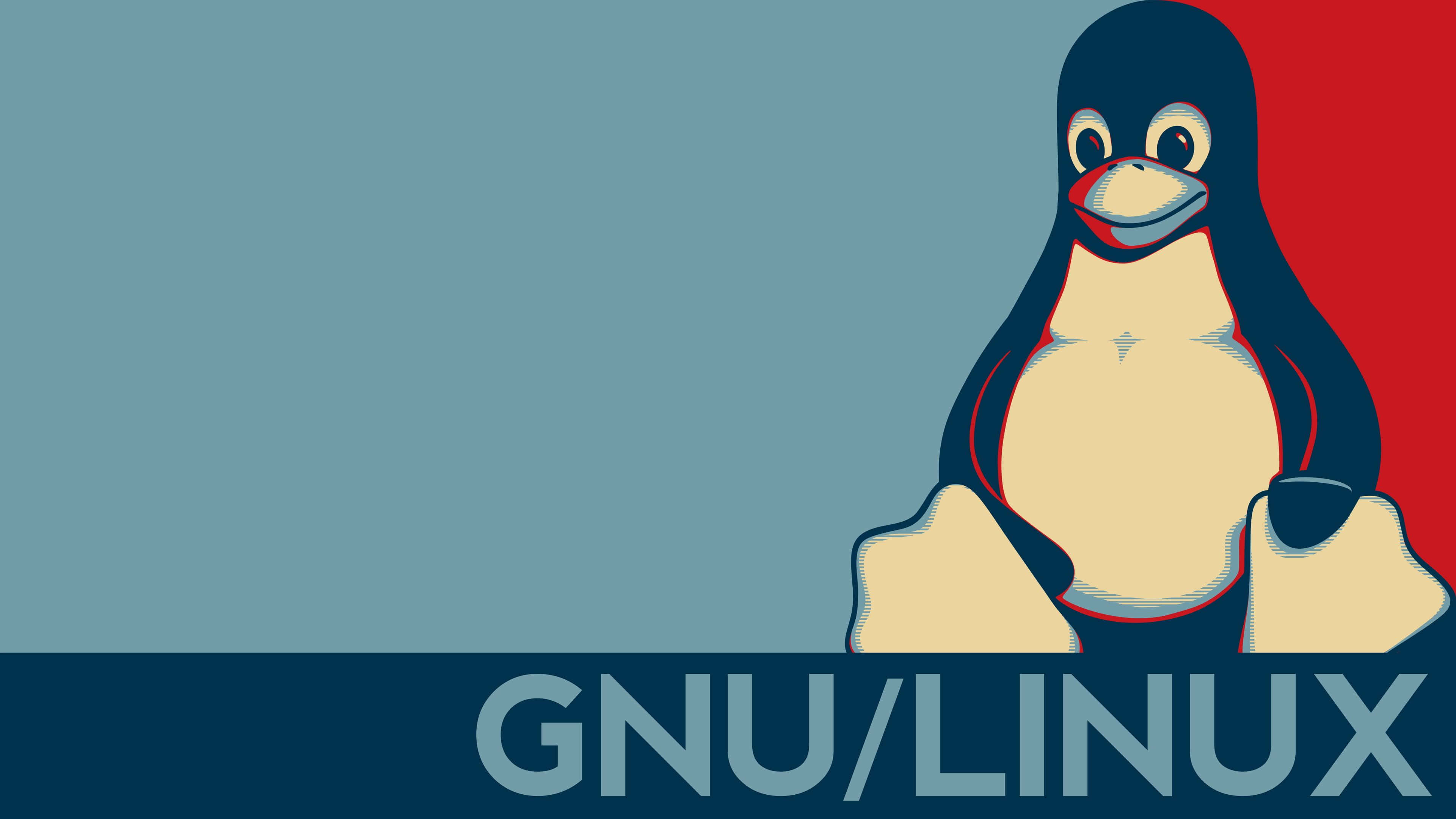 Linux 桌布 壁紙 — 一個風格化的企鵝吉祥物站在藍色和紅色分割的背景前，下方有「GNU/LINUX」文字。