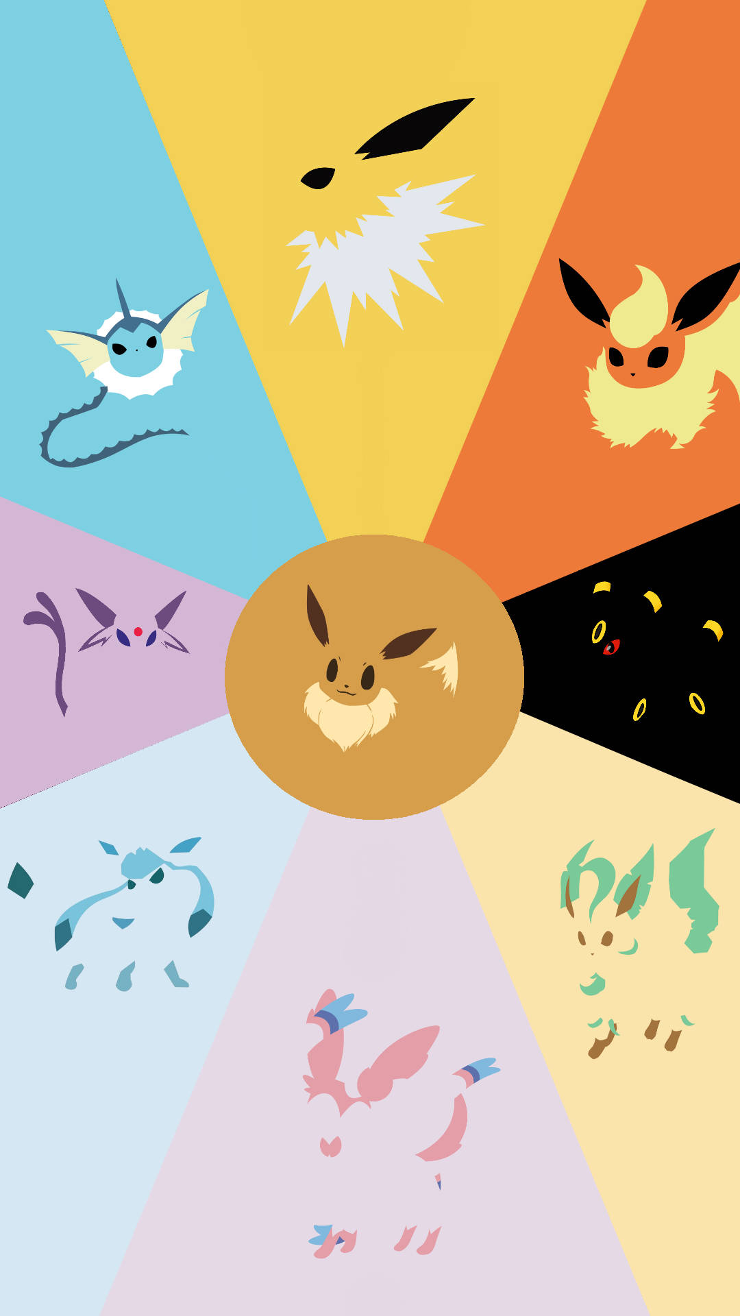 Eevee iPhone 桌布 壁紙 — 一個風格化的伊布進化輪，八種色彩繽紛的寶可夢從中央的伊布向外輻射，背景是充滿活力的幾何圖案。