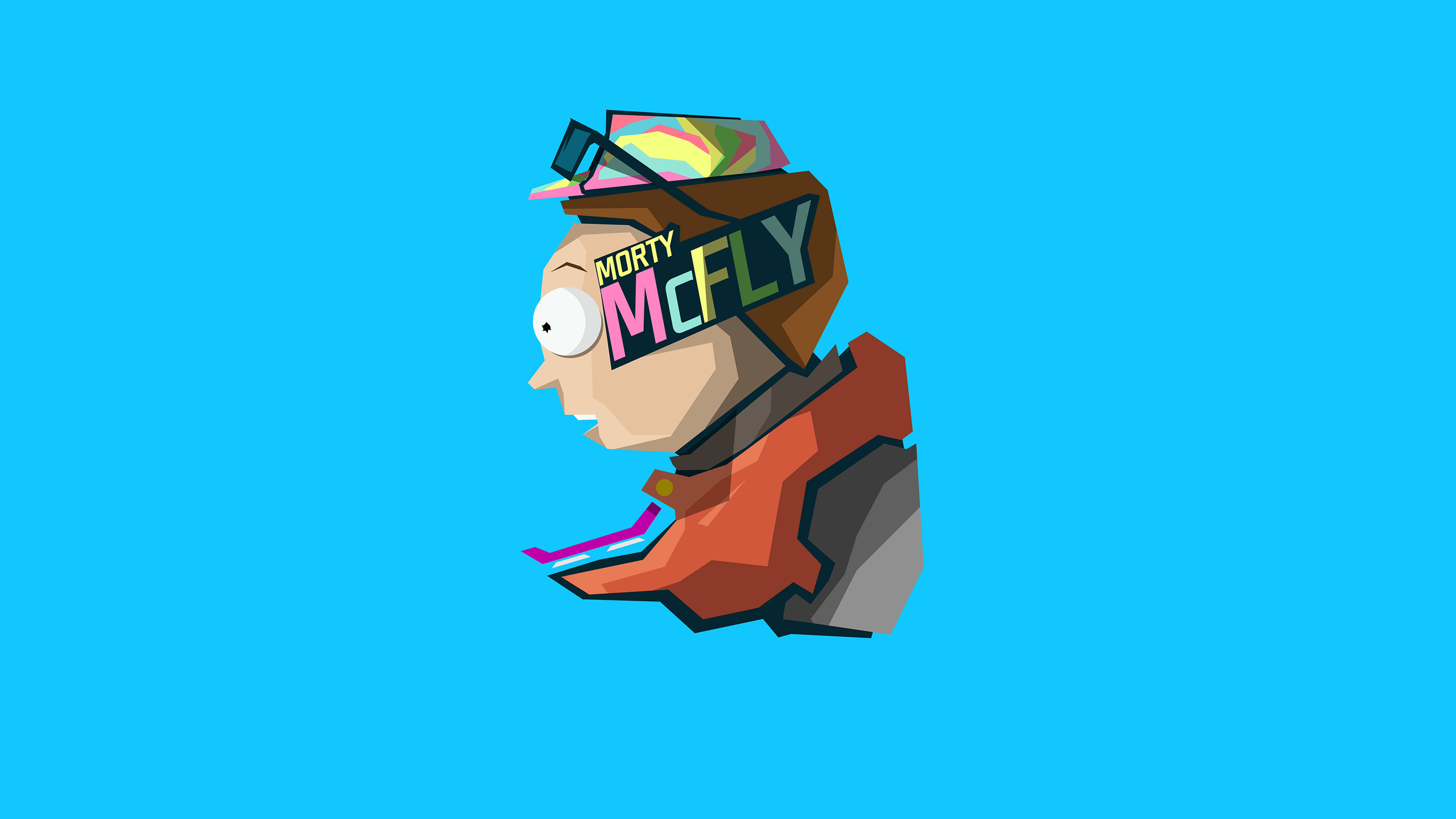 瑞克和莫蒂 桌布 壁紙 — 一個風格化的低多邊形 Morty McFly 側面像，背景為純藍色，戴著他標誌性的護目鏡和外套。