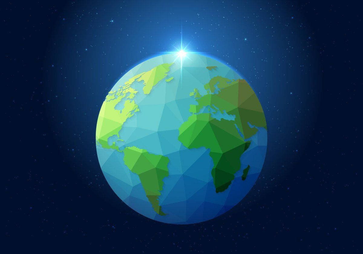 Low 桌布 壁紙 — 一個風格化的低多邊形地球在繁星點點的夜空下，在一顆璀璨的星星下發光。