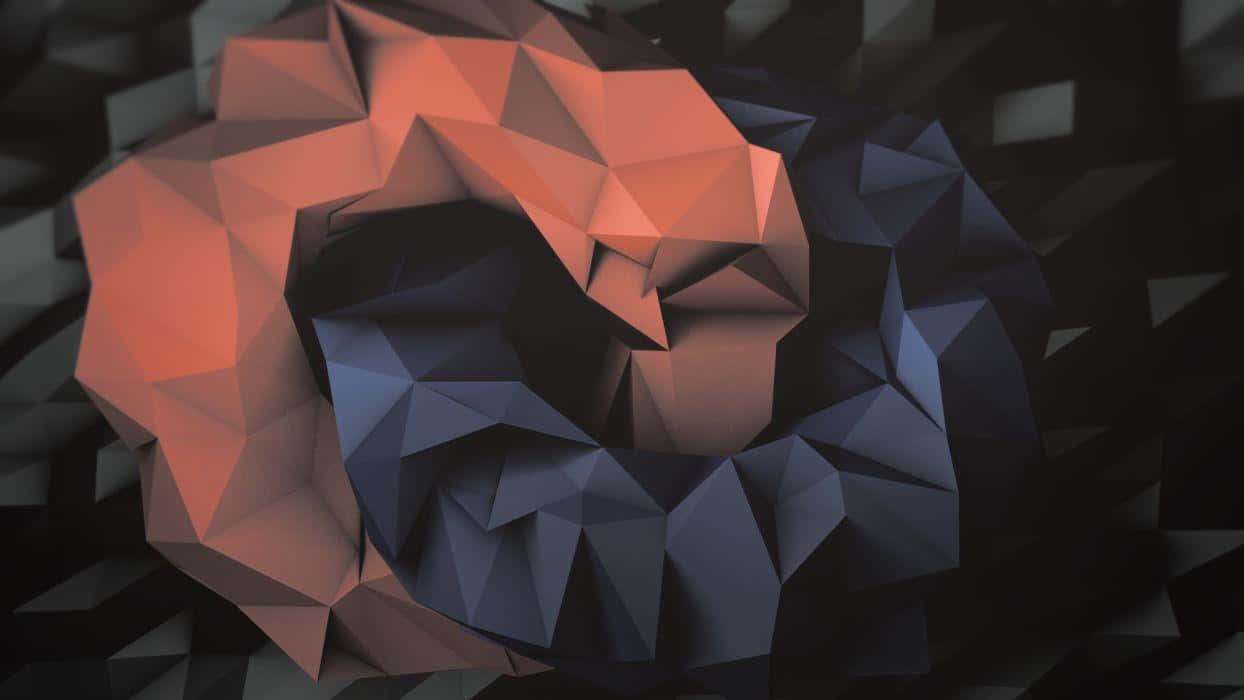 Polygon 桌布 壁紙 — 一個風格化的低多邊形抽象雕塑，在深色背景上呈現溫暖的橙色和冷藍色的幾何面。